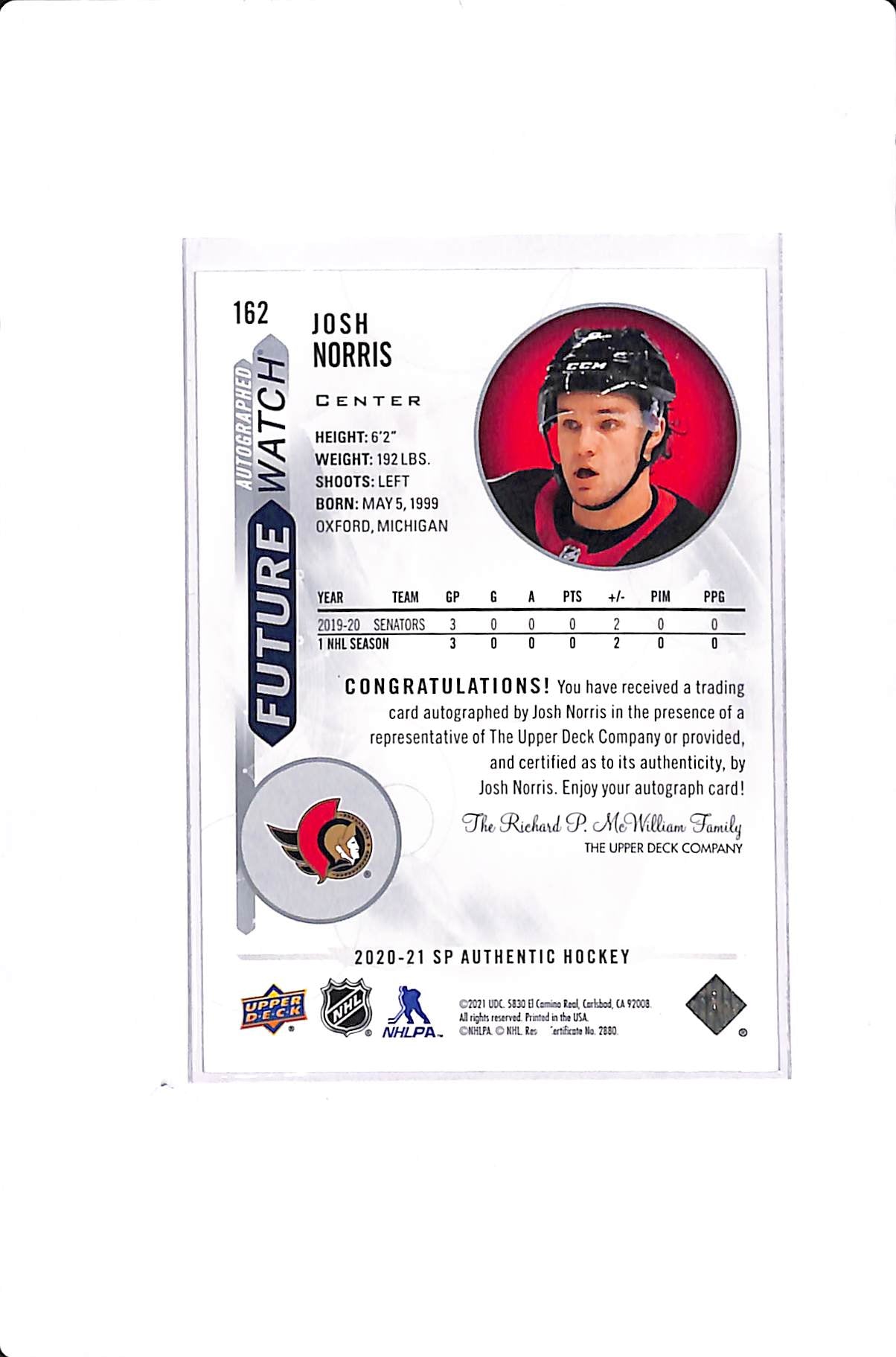 2021-22 UPPER DECK SP AUTHENTIC JOSH NORRIS FUTURE WATCH AUTO /999 #162