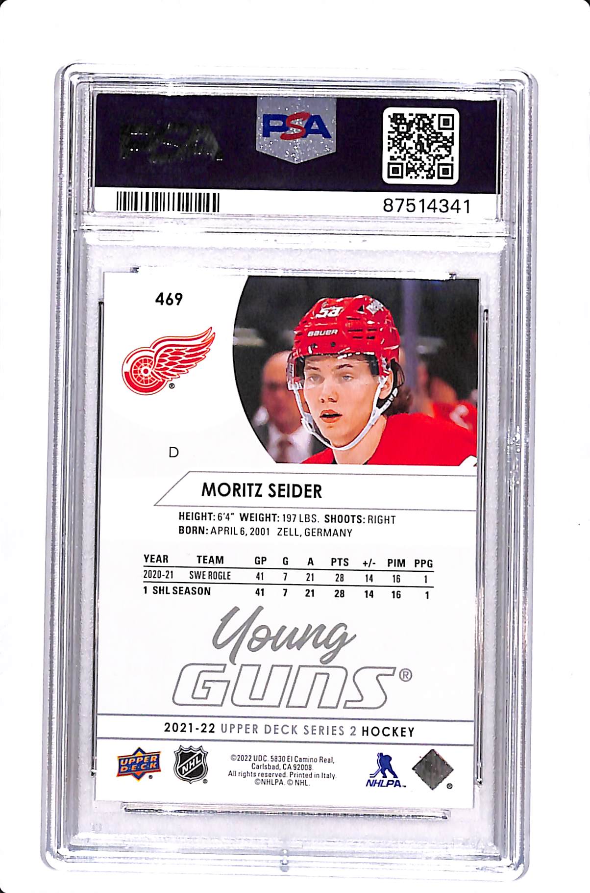 2021-22 UPPER DECK SERIES 2 MORITZ SEIDER YOUNG GUNS PSA 10 #469
