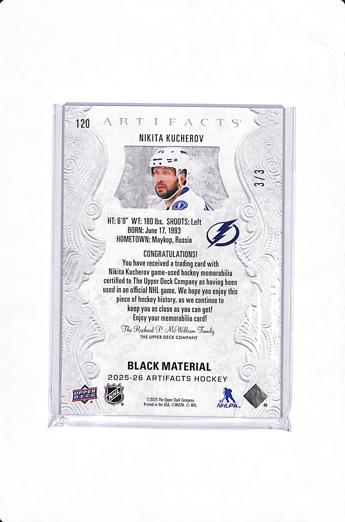 2025-26 UPPER DECK ARTIFACTS NIKITA KUCHEROV LIGHTNING BOLT PATCH /3 #120