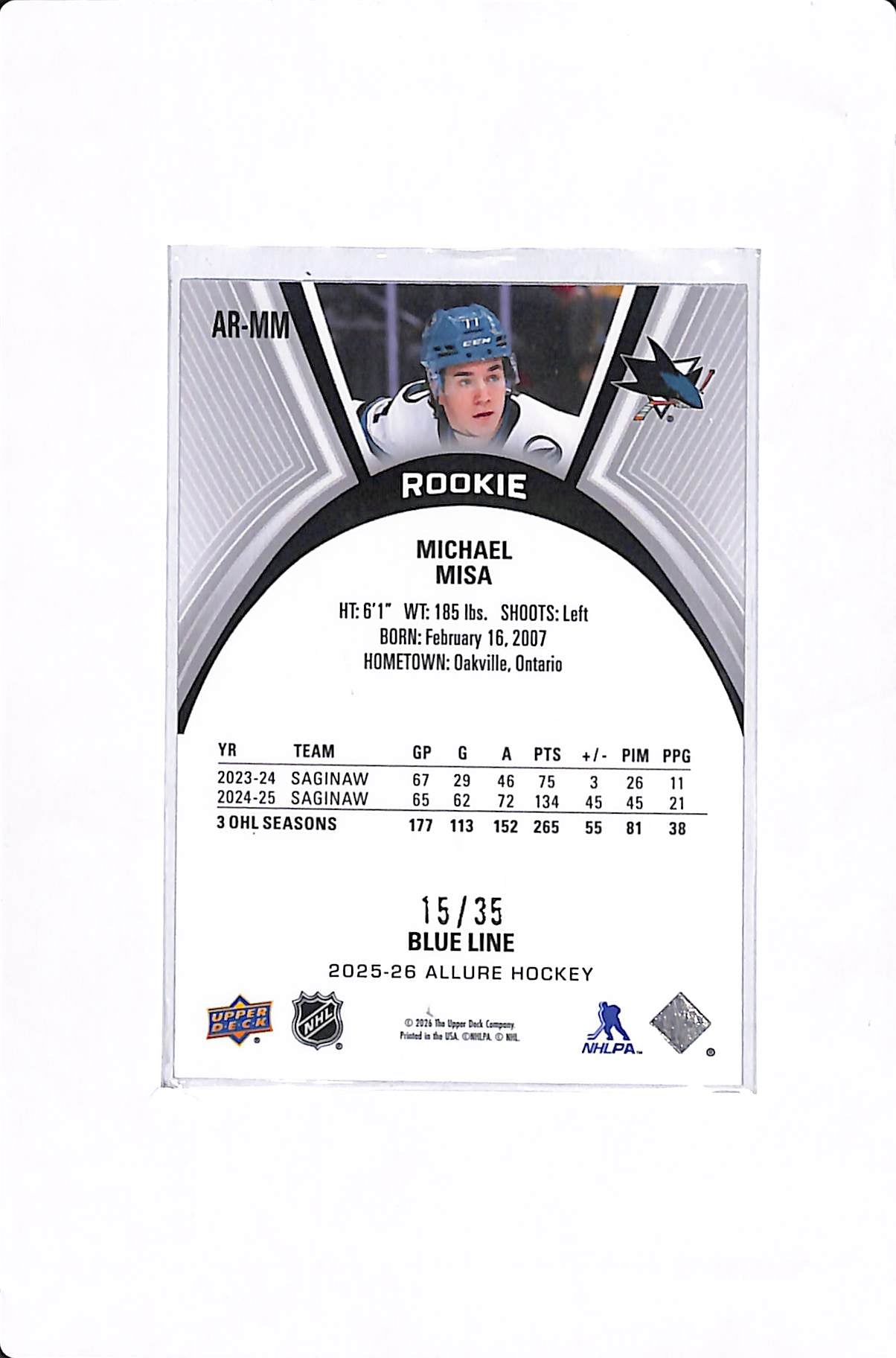 2025-26 UPPER DECK ALLURE MICHAEL MISA BLUE LINE ROOKIE /35 #AR-MM