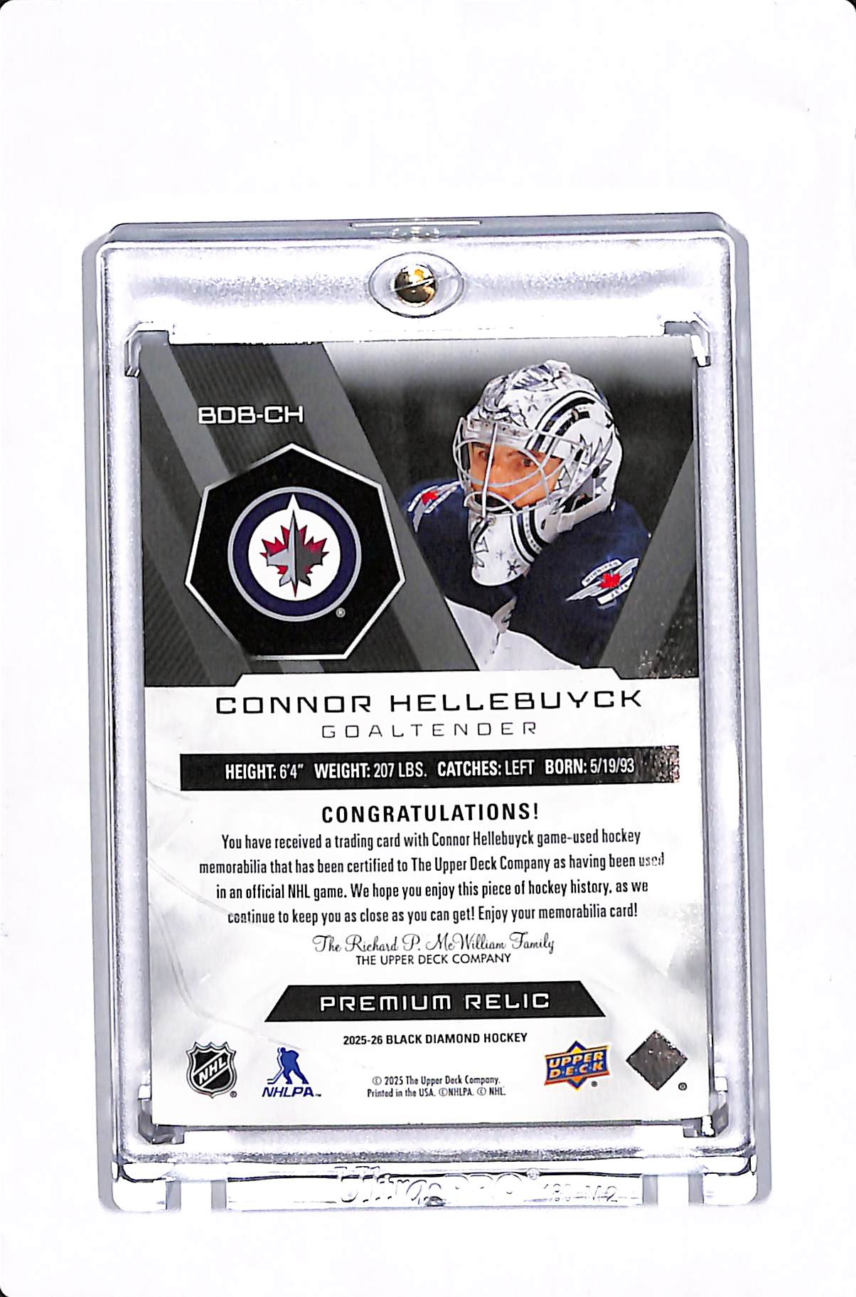 2025-26 UPPER DECK BLACK DIAMOND CONNOR HELLEBUYCK PREMIUM RELIC /49 #BDB-CH