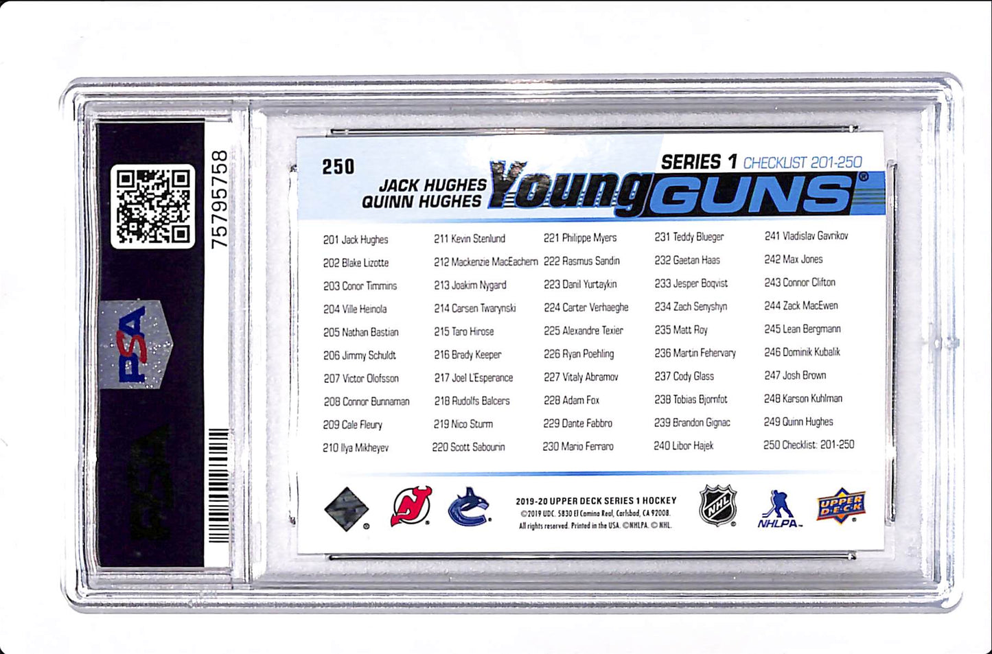 2019 UPPER DECK JACK HUGHES/QUINN HUGHES YOUNG GUNS PSA 10 #250