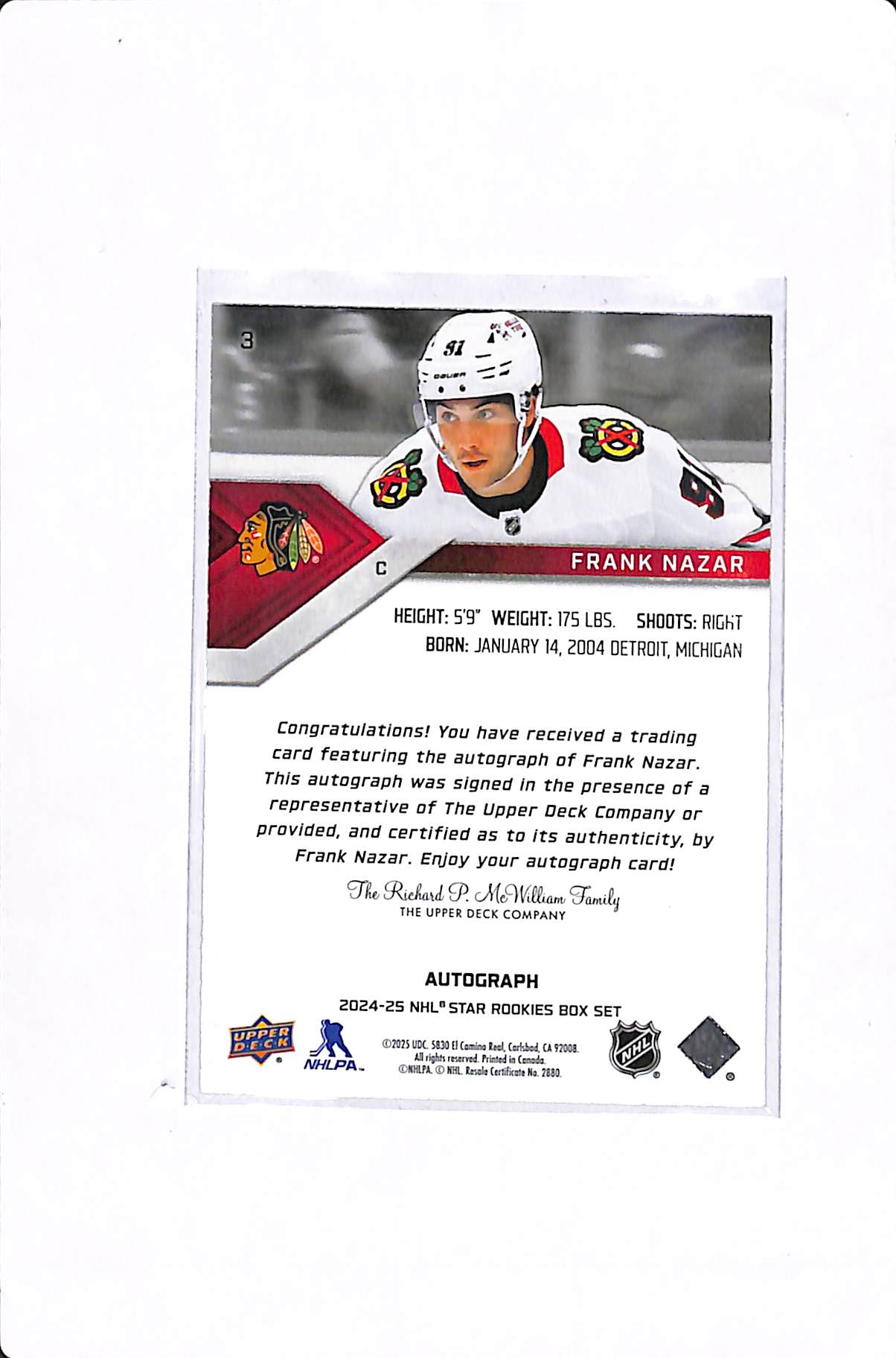 2024-25 UPPER DECK NHL STAR ROOKIES BOX SET FRANK NAZAR AUTO #3