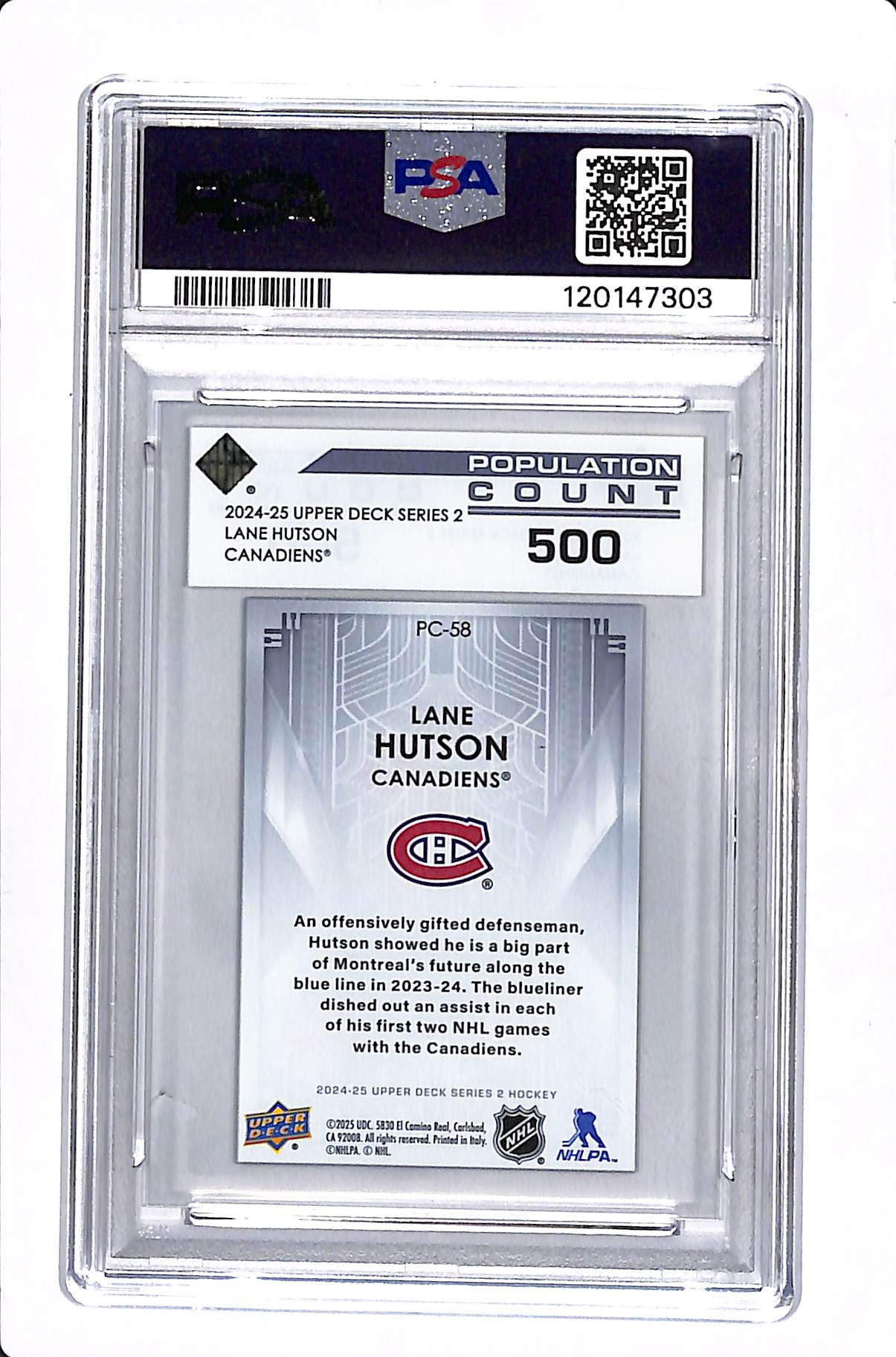 2024-25 UPPER DECK SERIES 2 LANE HUTSON RC POPULATION COUNT 500 PSA 9 #PC58