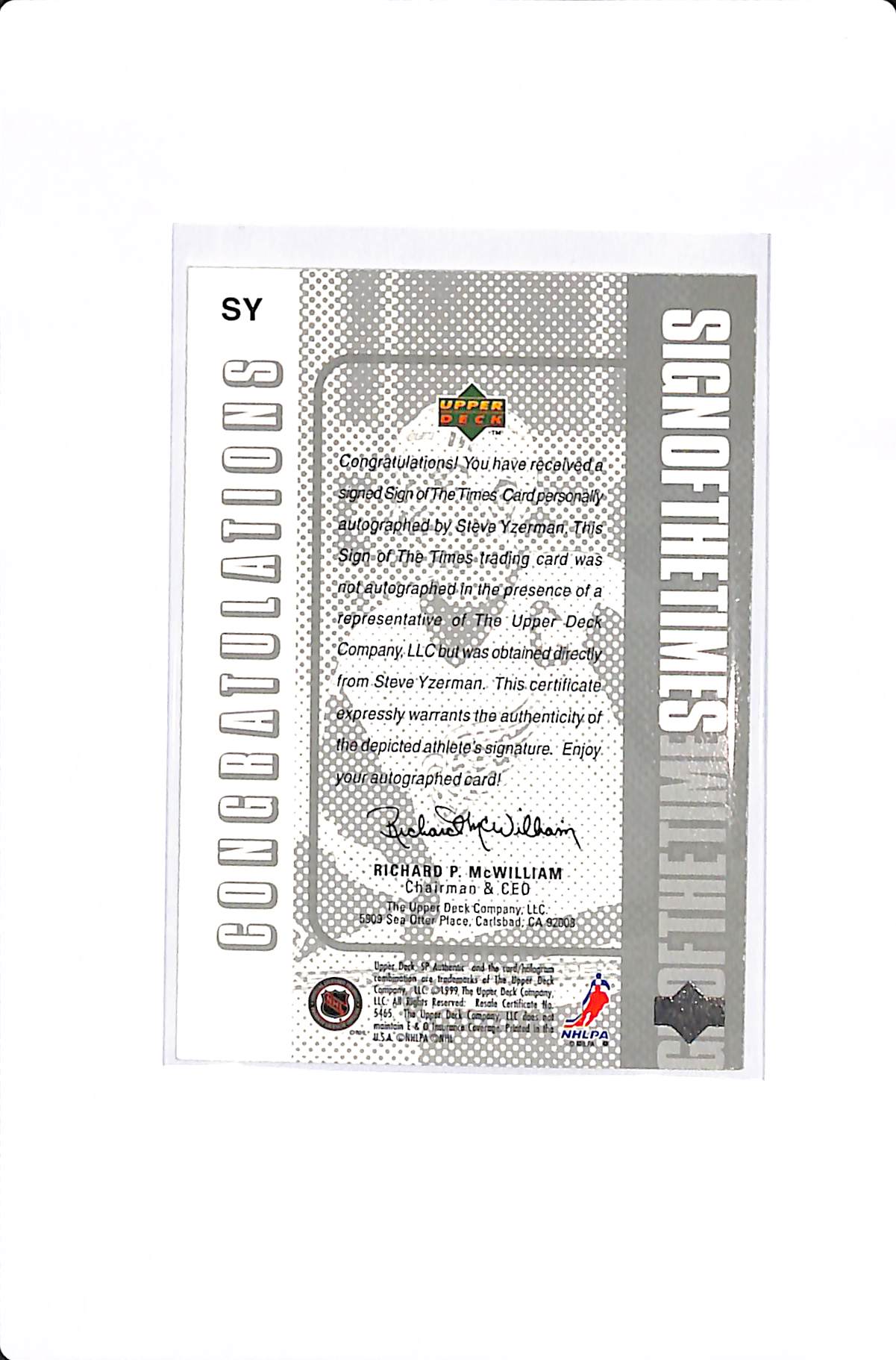 1999 UPPER DECK SP AUTHENTIC STEVE YZERMAN SIGN OF THE TIMES #SY