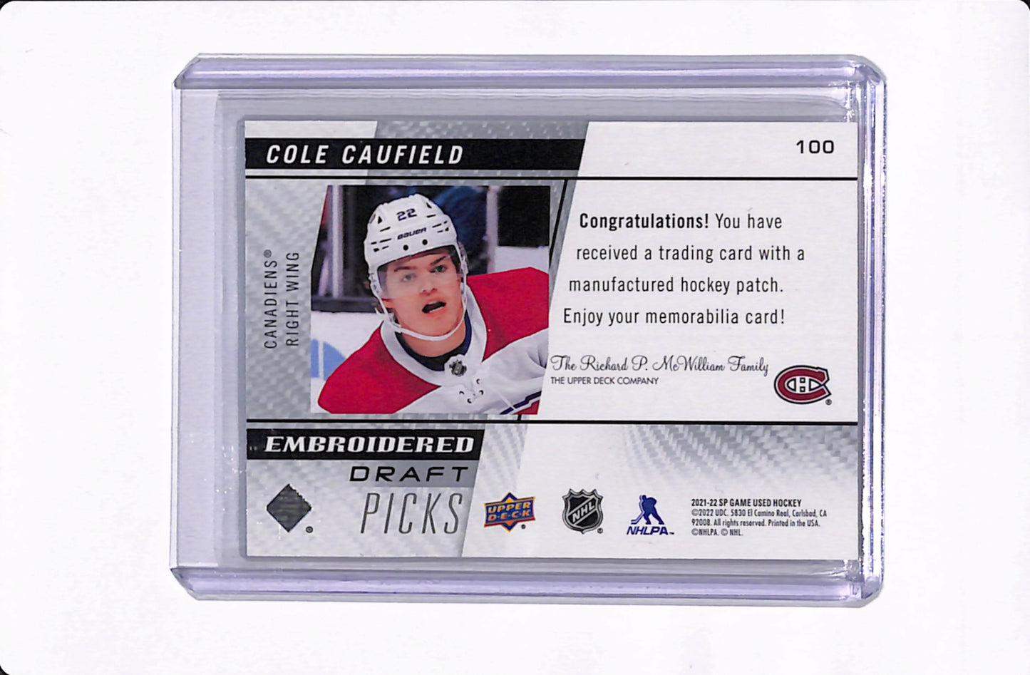 2021-22 SP GAME USED COLE CAUFIELD EMBROIDED DRAFT PICKS