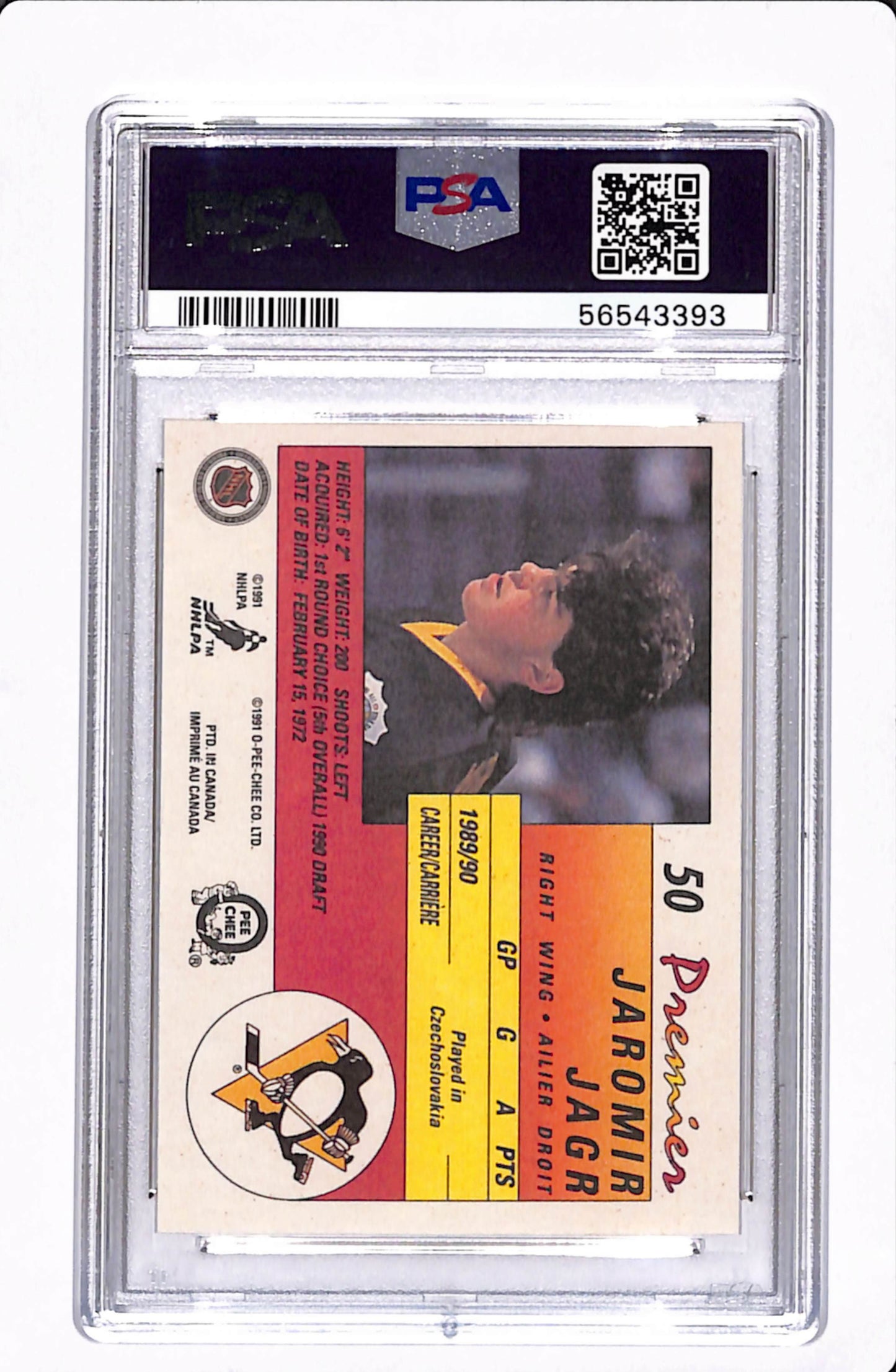 1990 O.P.C PREMIER JAROMIR JAGR ROOKIE PSA 9 *CRACK IN SLAB*