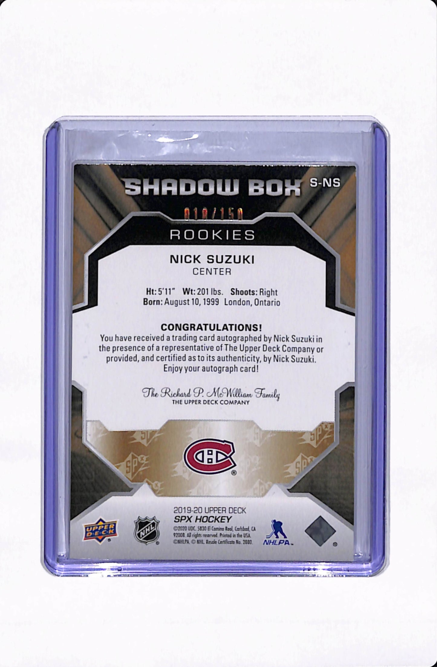 2019-20 SPX HOCKEY NICK SUZUKI SHADOW BOX ROOKIES AUTO /150