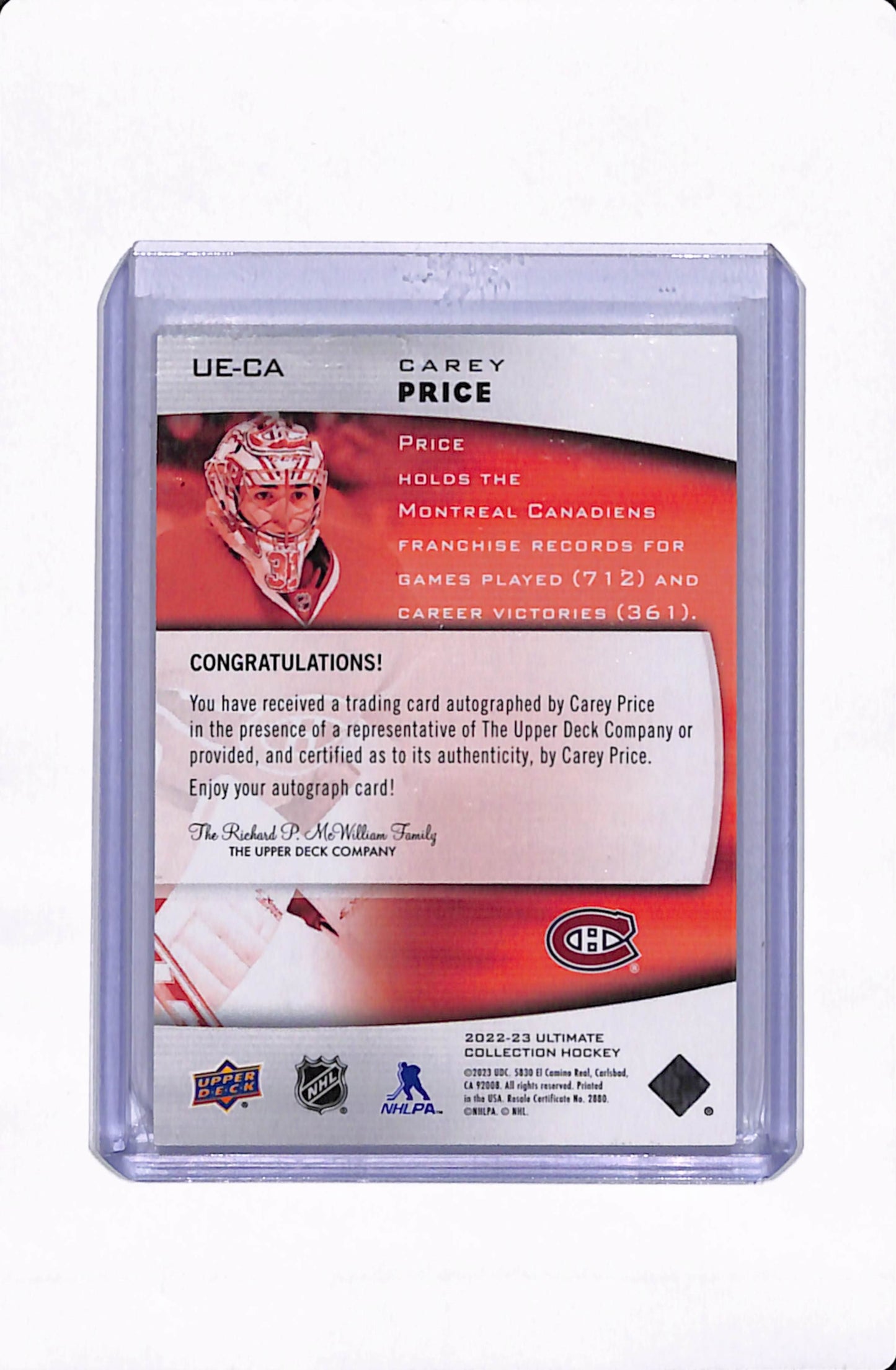 2022-23 ULTIMATE COLLECTION CAREY PRICE AUTO /10