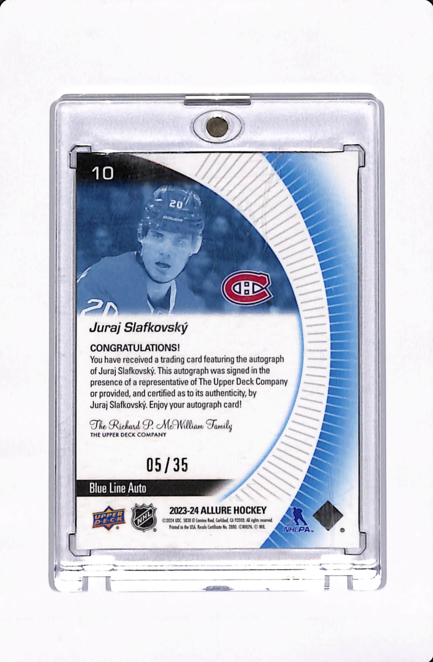2023-24 UPPER DECK ALLURE HOCKEY JURAJ SLAFKOVSKY BLUE LINE AUTO /35