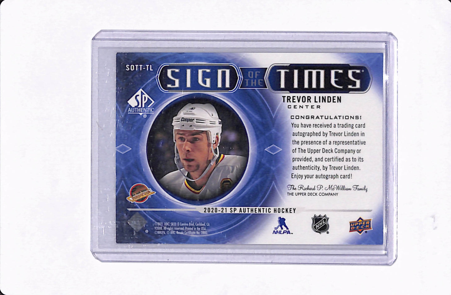 2020-21 SP AUTHENTIC TREVOR LINDEN SIGN OF THE TIMES