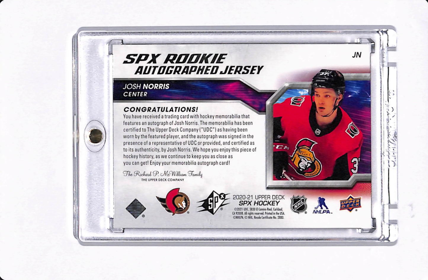 2020-21 SPX JOSH NORRIS ROOKIE JERSEY /165