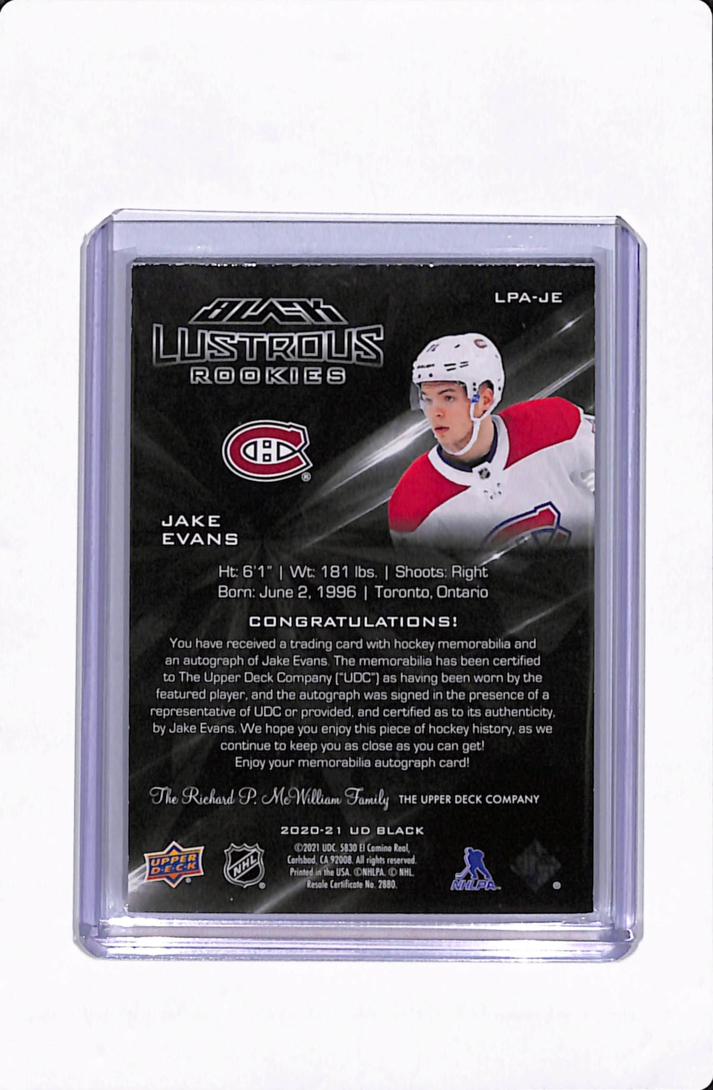 2020-21 UD BLACK JAKE EVANS LUSTROUS ROOKIES /125