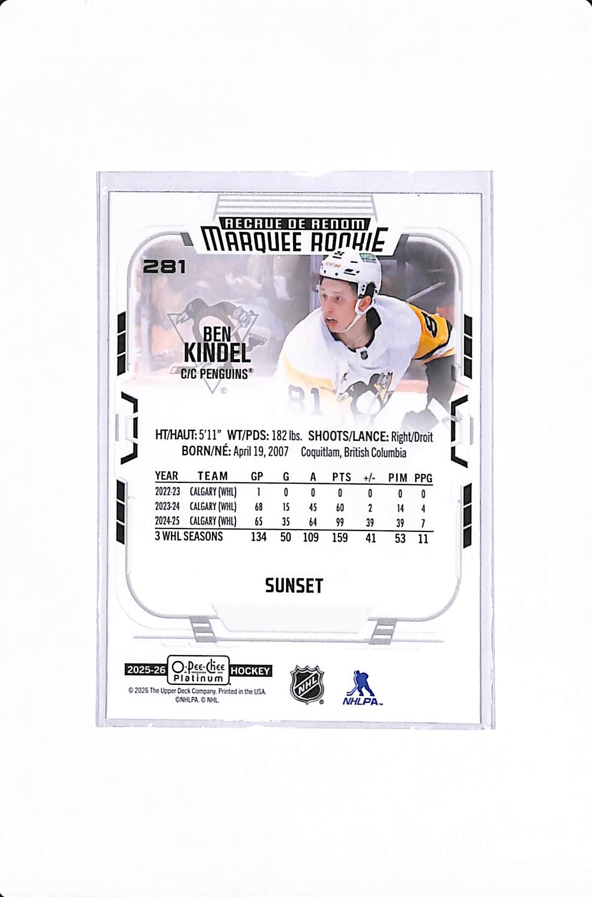 2025-26 UPPER DECK O-PEE-CHEE PLATINUM BEN KINDEL MARQUEE ROOKIE SUNSET #281