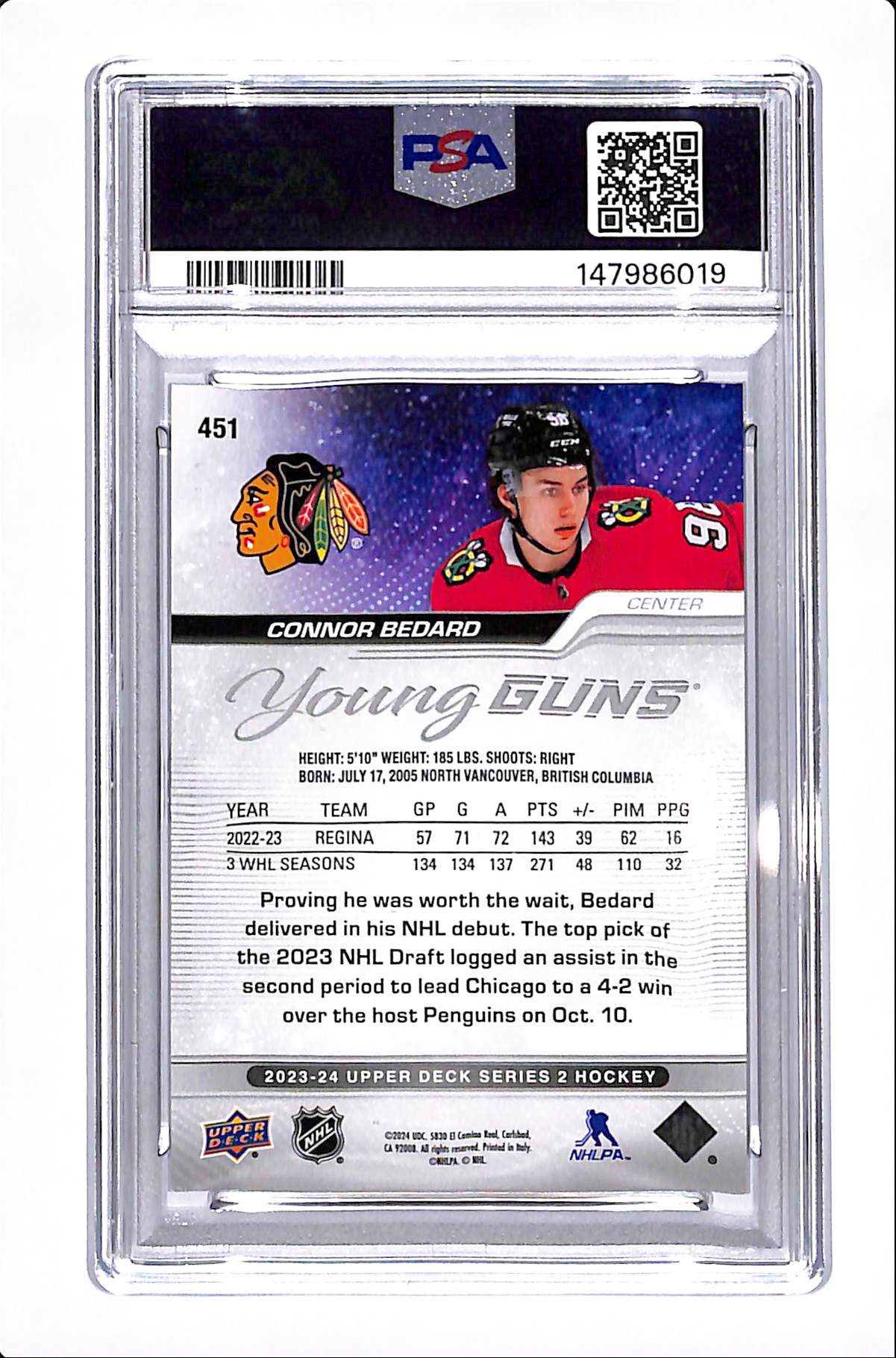 2023-24 UPPER DECK SERIES 2 CONNOR BEDARD YOUNG GUNS PSA 10 #451