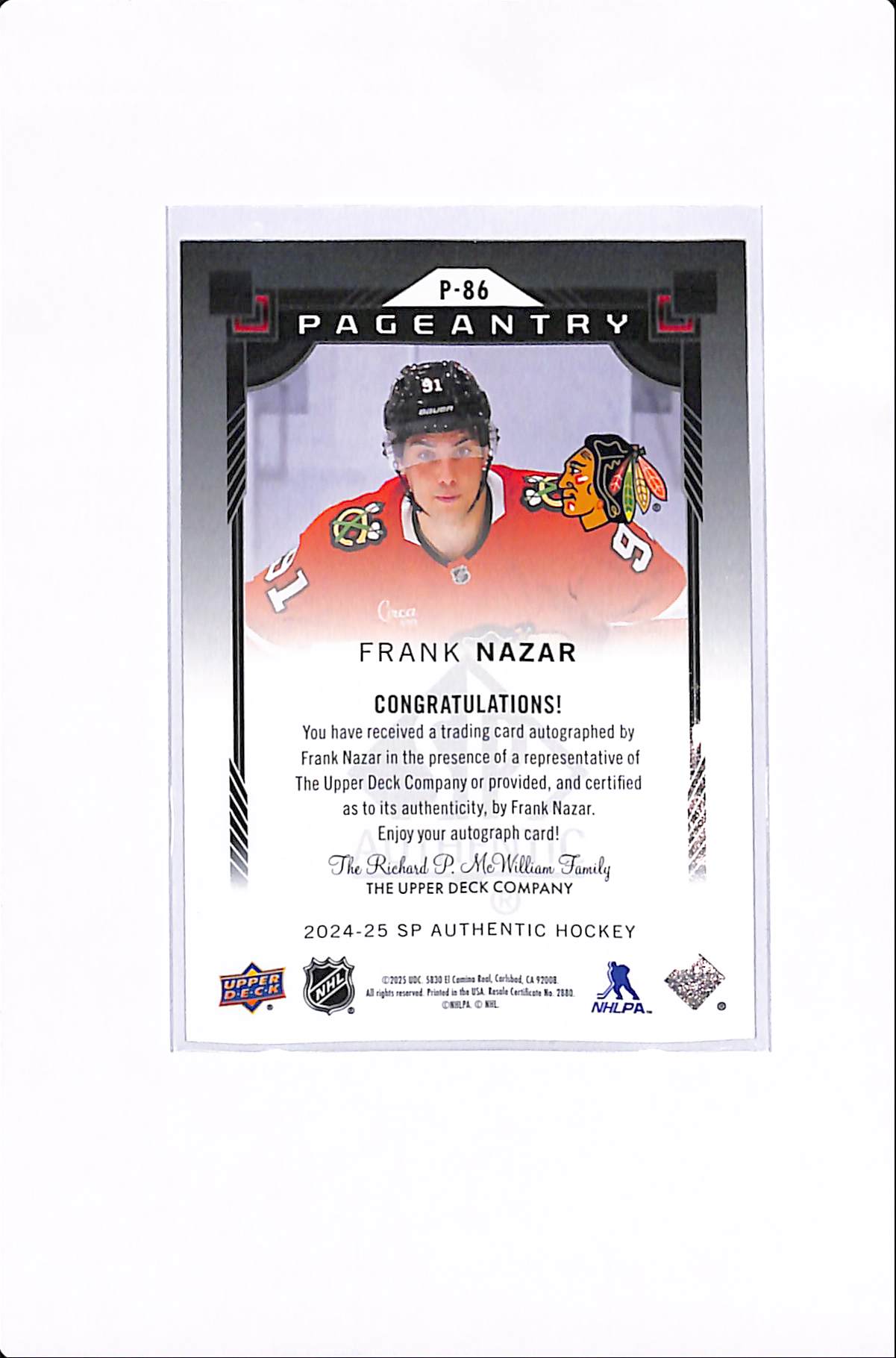 2024-25 UPPER DECK SP AUTHENTIC FRANK NAZAR PAGEANTRY AUTO #P-86
