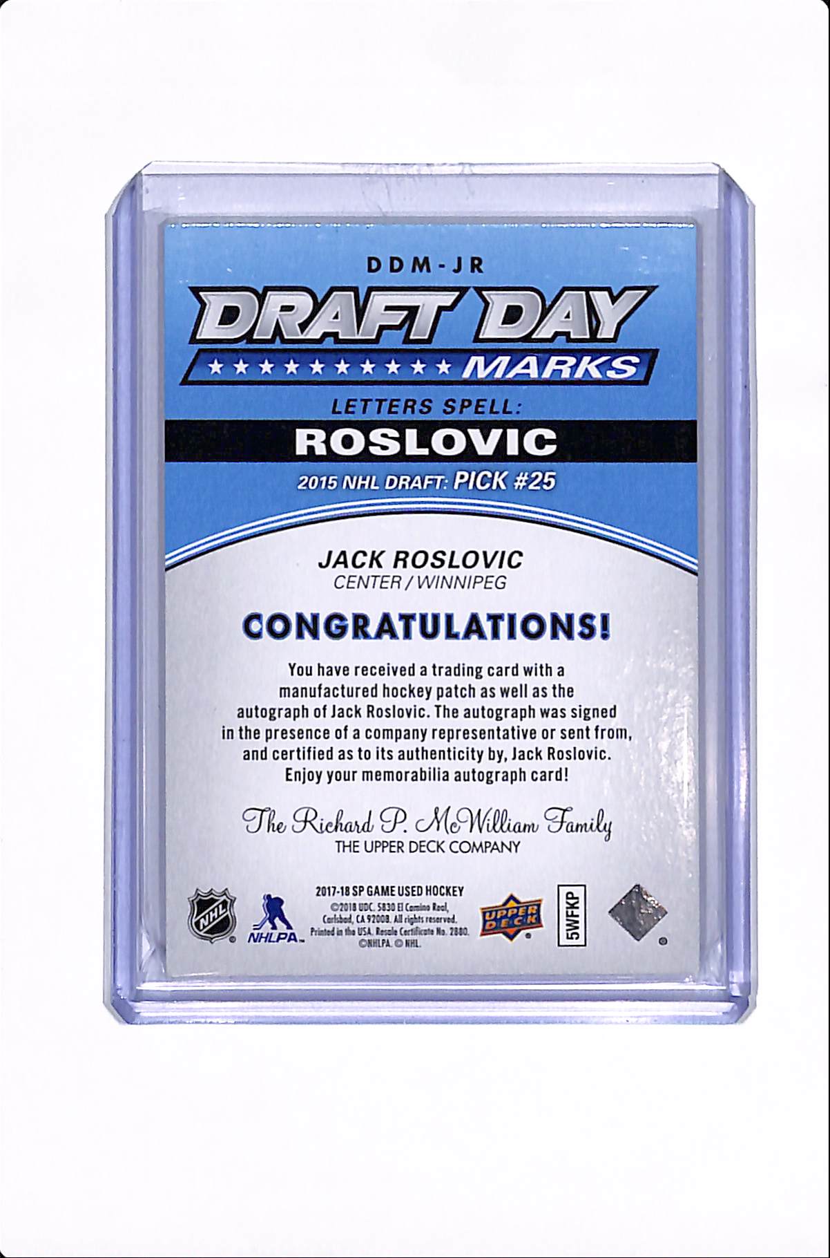 2017-18 UPPER DECK SP GAME USED JACK ROSLOVIC DRAFT DAY MARKS /35 #DDM-JR