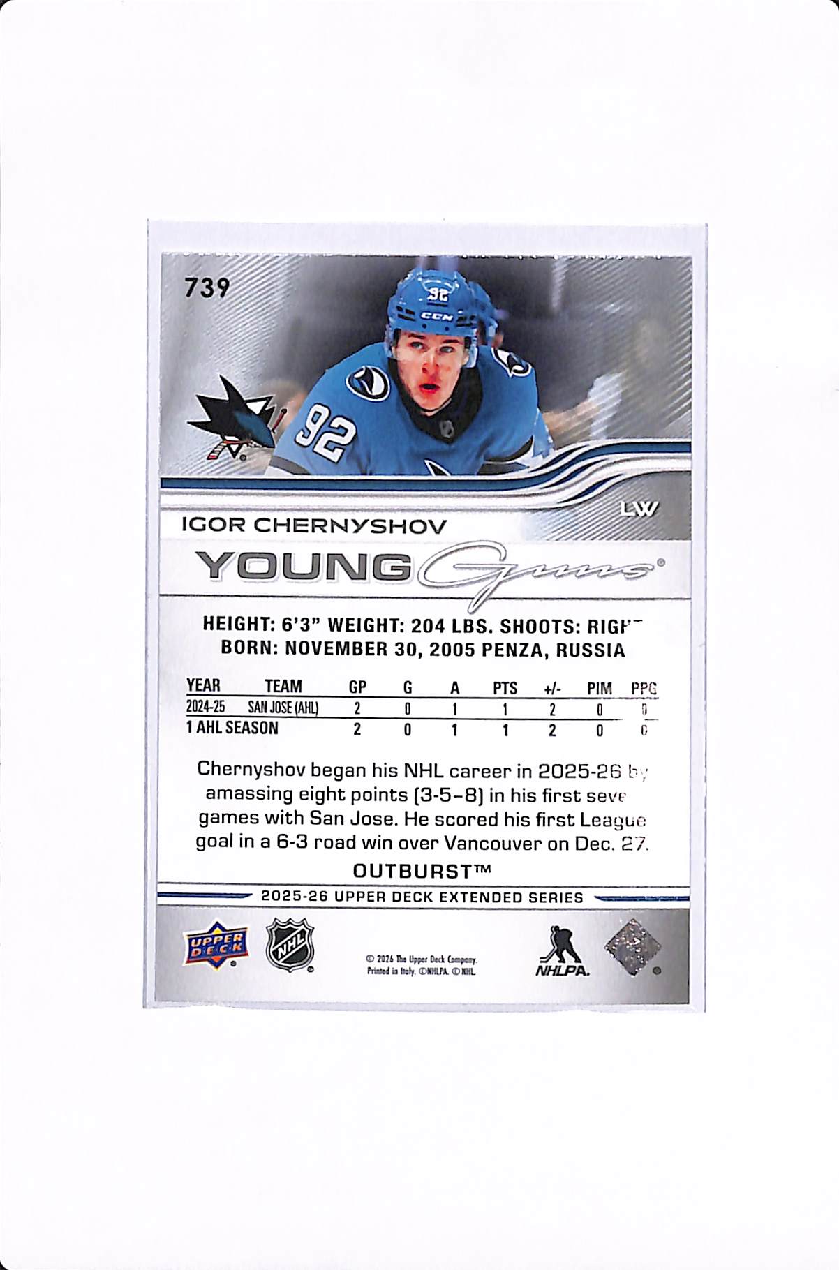 2025-26 UPPER DECK EXTENDED SERIES IGOR CHERNYSROV YOUNG GUNS OUTBURST #739