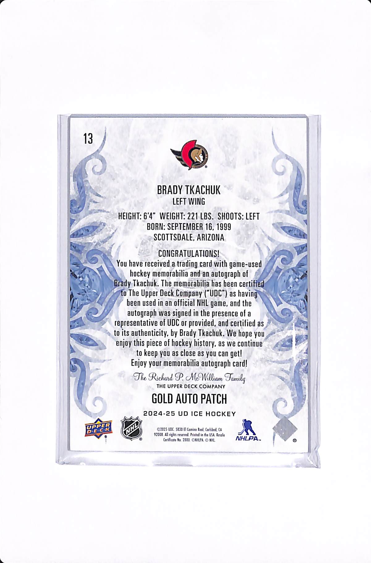 2024-25 UPPER DECK ICE BRADY TKACHUK GOLD AUTO PATCH #13