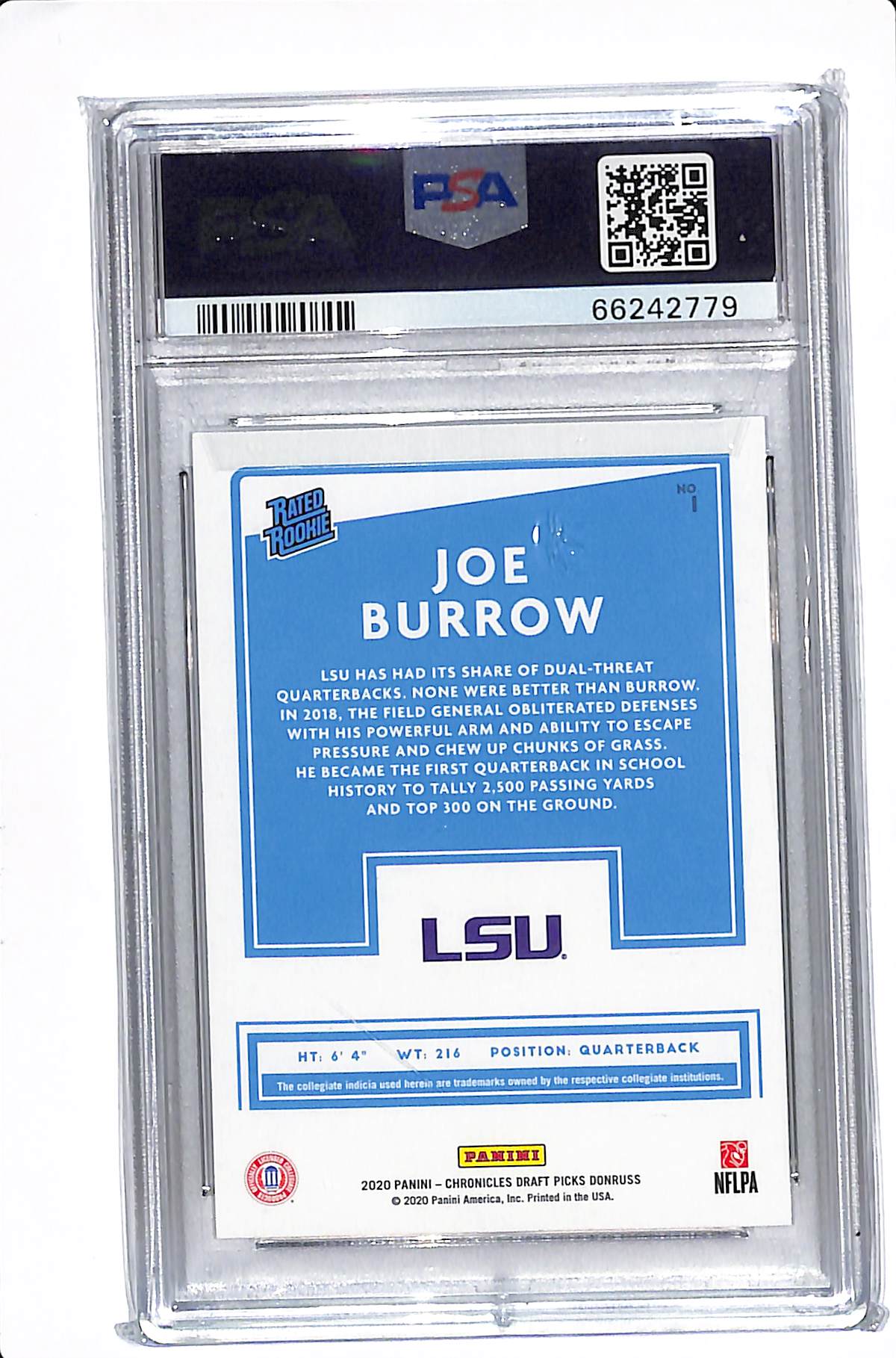 2020 PANINI CHRONICLES JOE BURROW DONRUSS RATED ROOKIES #1 PSA 10 LSU