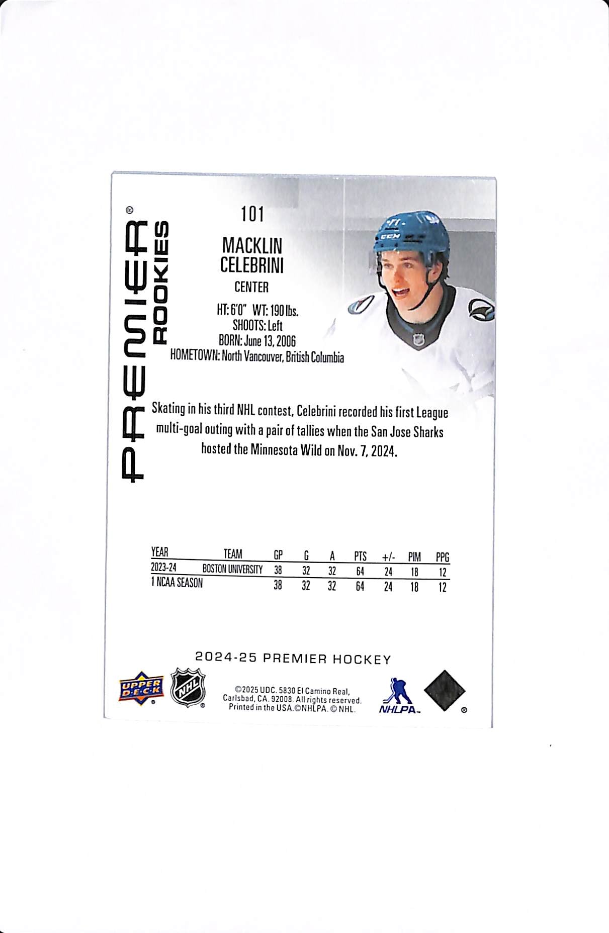 2024-25 UPPER DECK PREMIER MACKLIN CELEBRINI PREMIER ROOKIES /399 #101