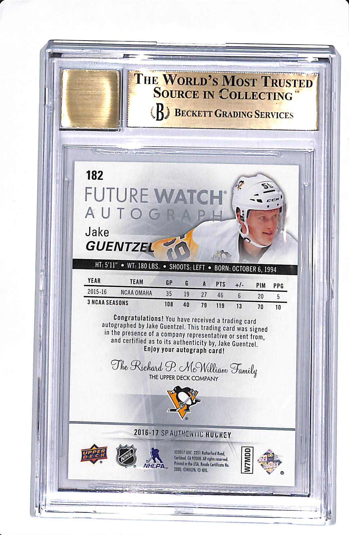 2016-17 UPPER DECK SP AUTHENTIC JAKE GUENTZEL FUTURE WATCH AUTO /999 BGS 9.5 AUTO 10 #182