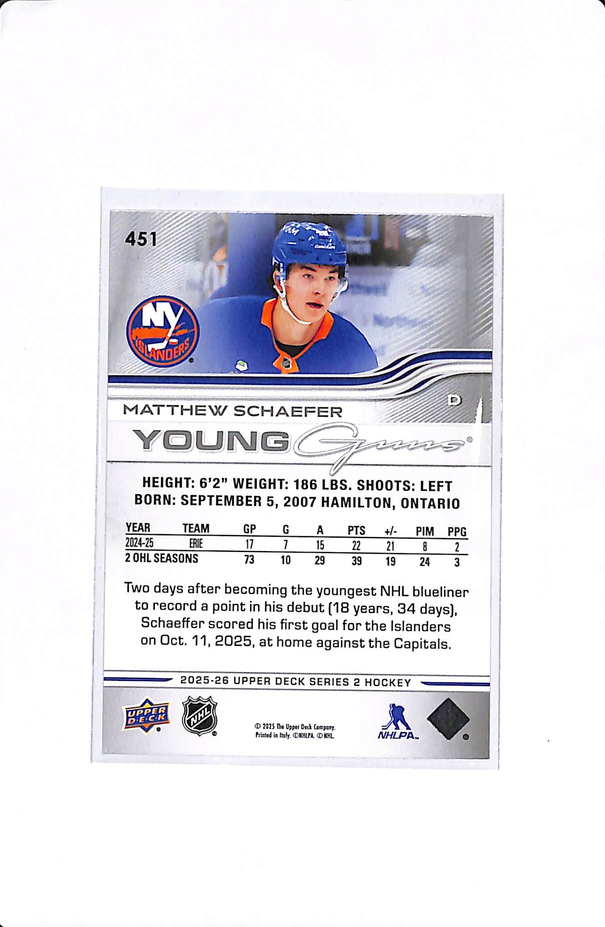 2025-26 UPPER DECK SERIES 2 MATTHEW SCHAEFER YOUNG GUNS #451
