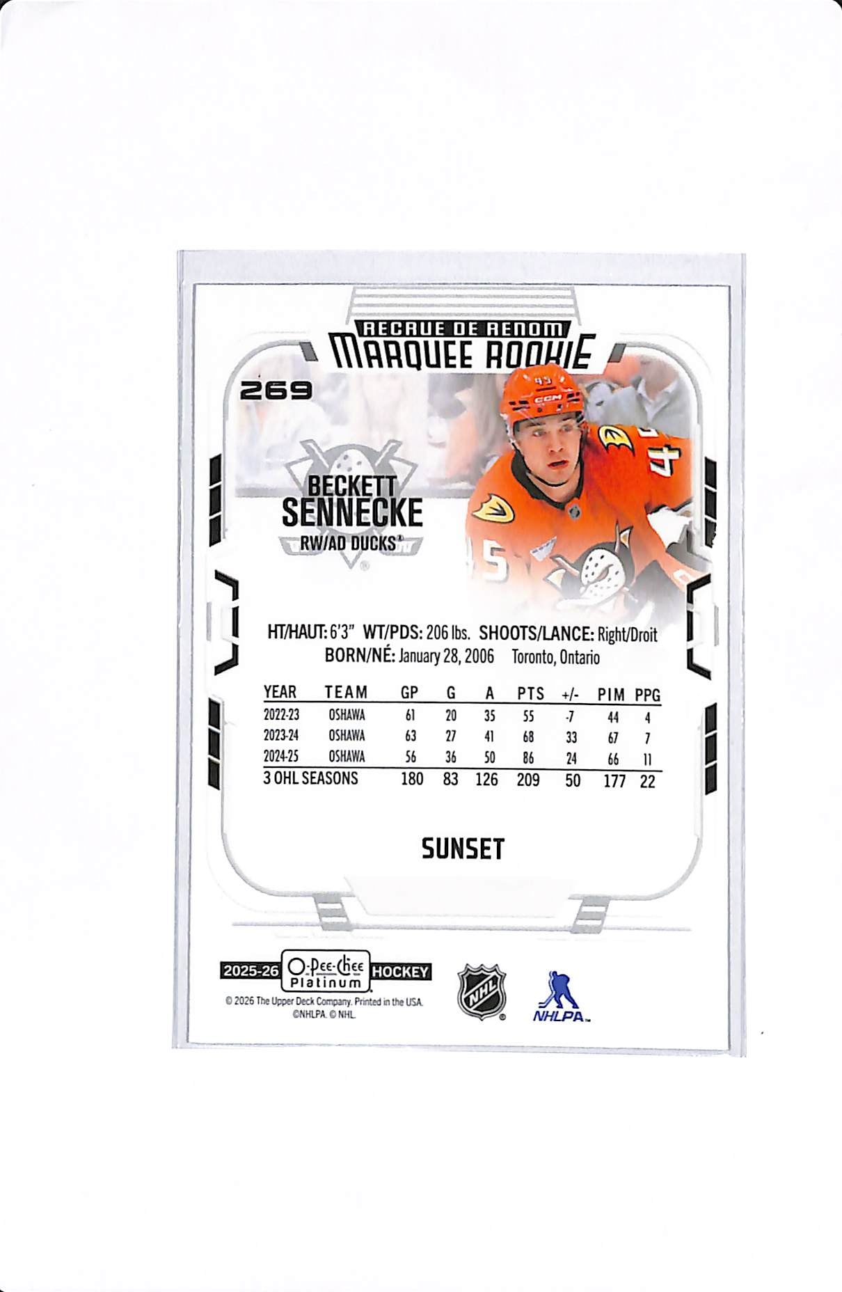 2025-26 UPPER DECK O-PEE-CHEE PLATINUM BECKETT SENNECKE MARQUEE ROOKIE SUNSET #269