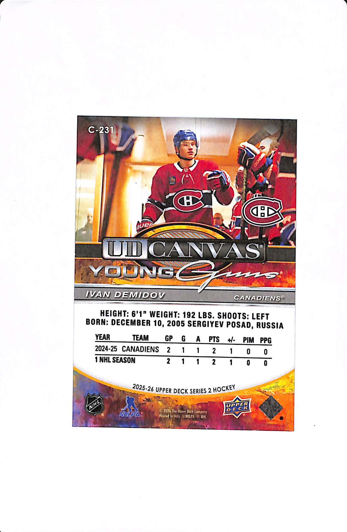 2025-26 UPPER DECK SERIES 2 IVAN DEMIDOV YOUNG GUNS CANVAS #C-231