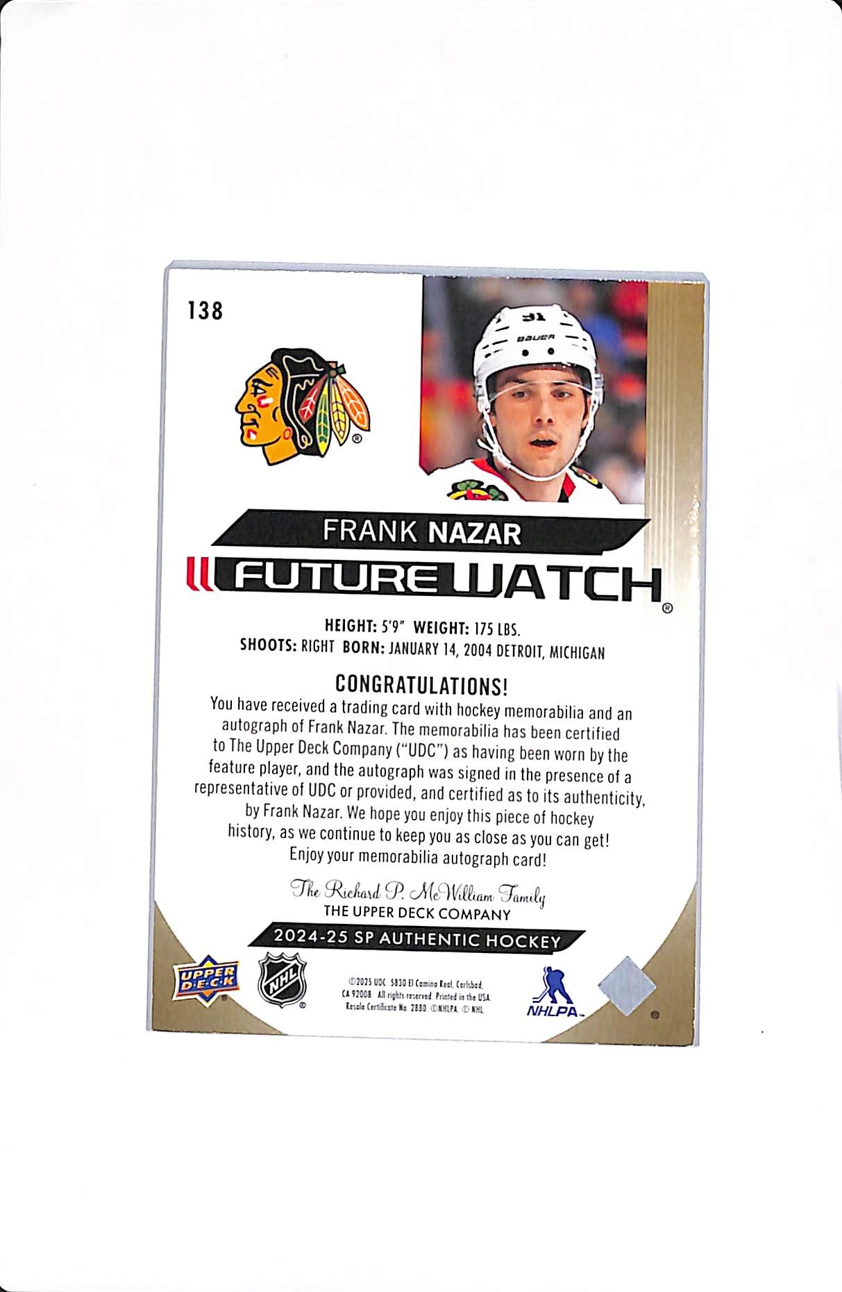 2024-25 UPPER DECK SP AUTHENTIC FRANK NAZAR FUTURE WATCH PATCH AUTO 1 /100 #138