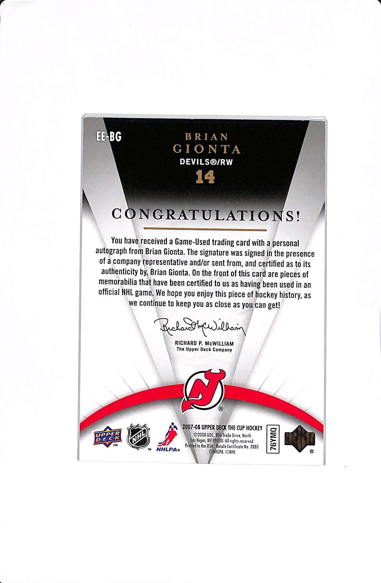 2007-08 UPPER DECK THE CUP BRIAN GIONTA EMBLEMS OF ENDORSEMENTS AUTO /15 #EE-BG