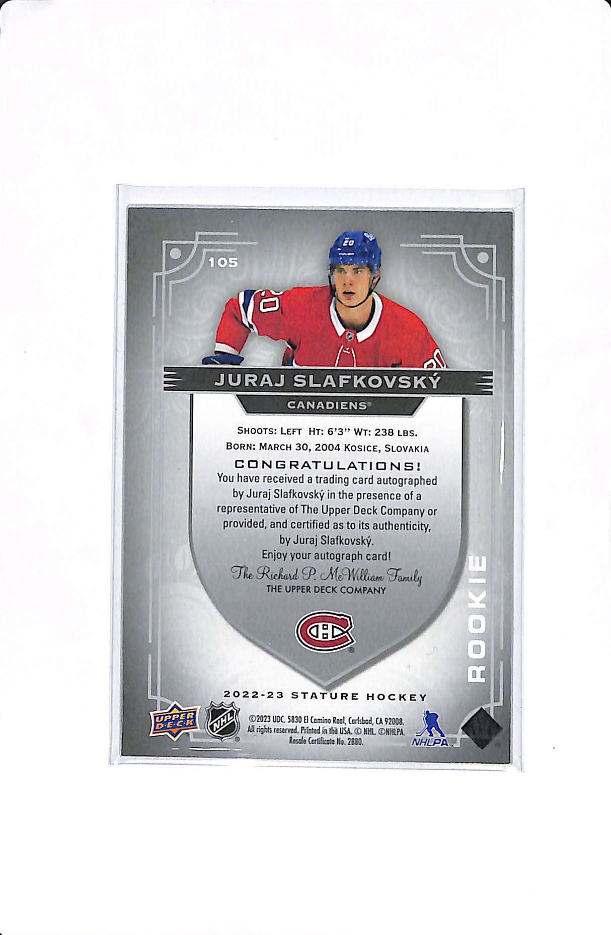 2022-23 UPPER DECK STATURE JURAJ SLAFKOVSKY ROOKIE AUTO /199 #105