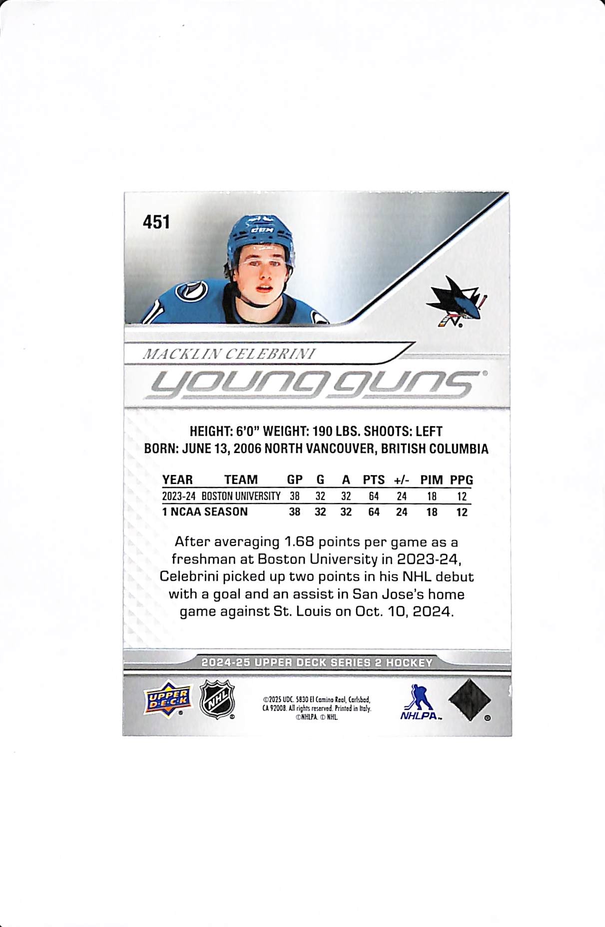 2024 UPPER DECK SERIES 2 MACKLIN CELEBRINI YOUNG GUNS #451