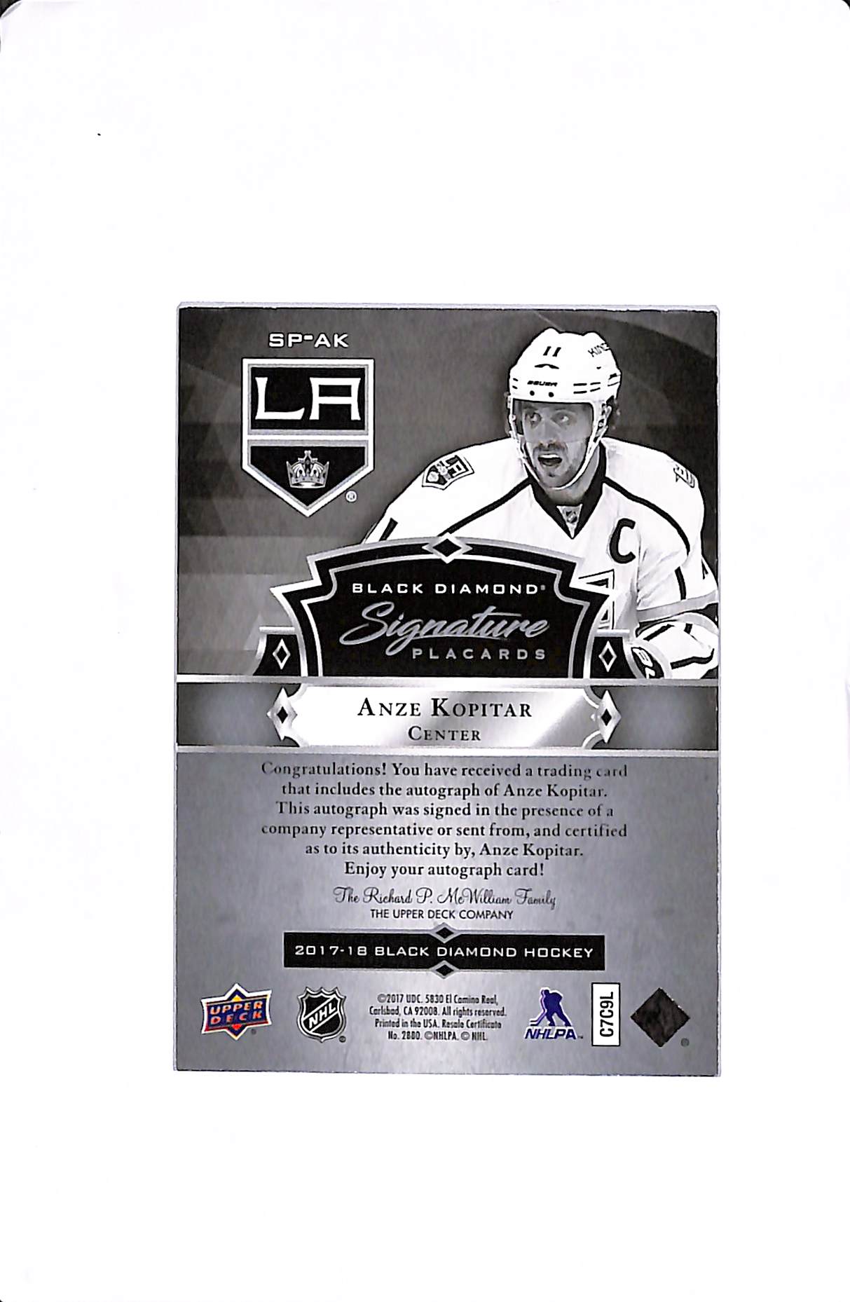 2017-18 UPPER DECK BLACK DIAMOND ANZE KOPITAR SIGNATURE PLACARDS #SP-AK