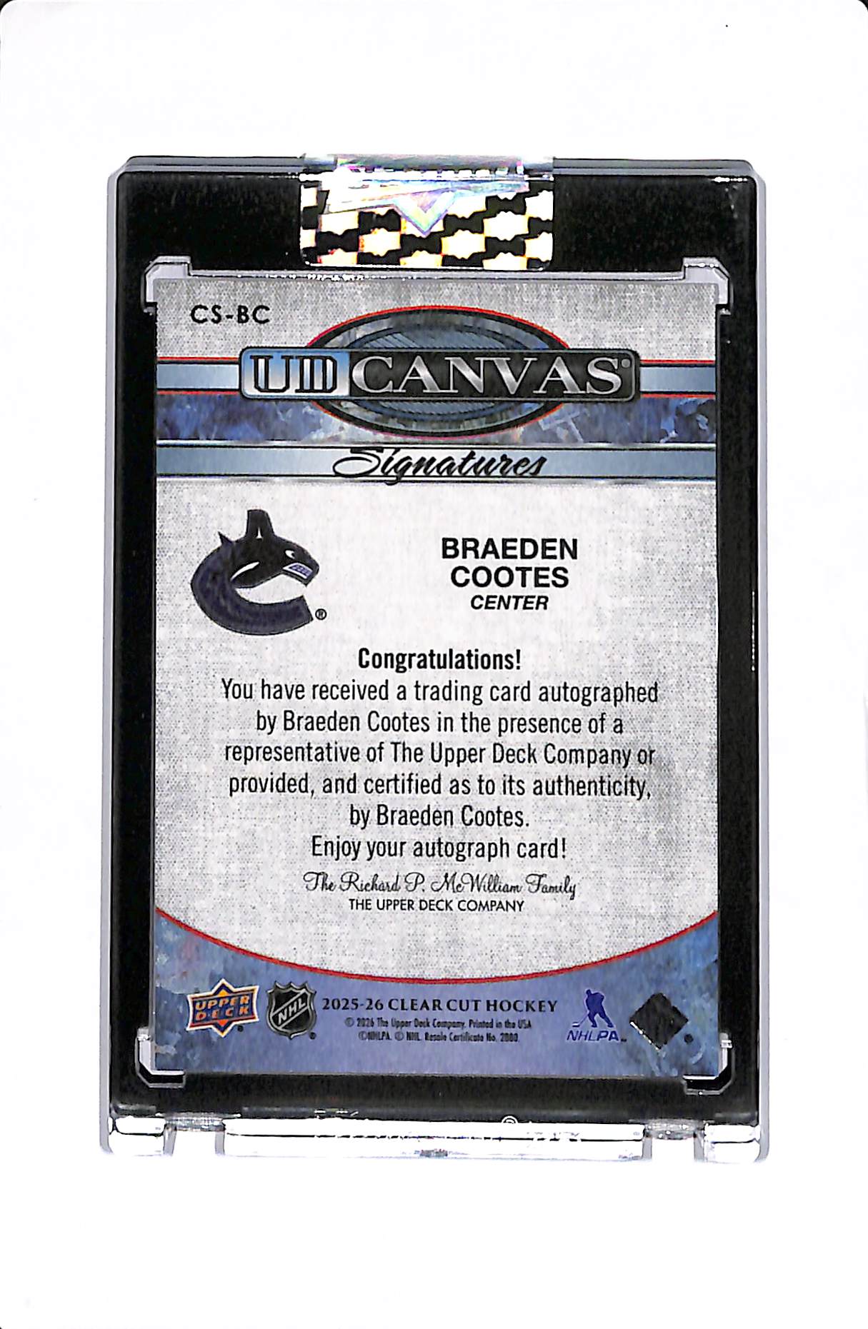 2025-26 UPPER DECK CLEAR CUT BRAEDON COOTES UD CANVAS AUTO #CS-BC