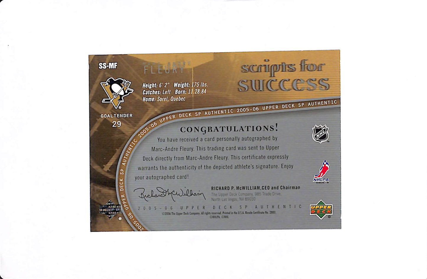 2005-06 UPPER DECK MARC-ANDRE FLEURY SCRIPTS FOR SUCCESS AUTO /100 #SS-MF