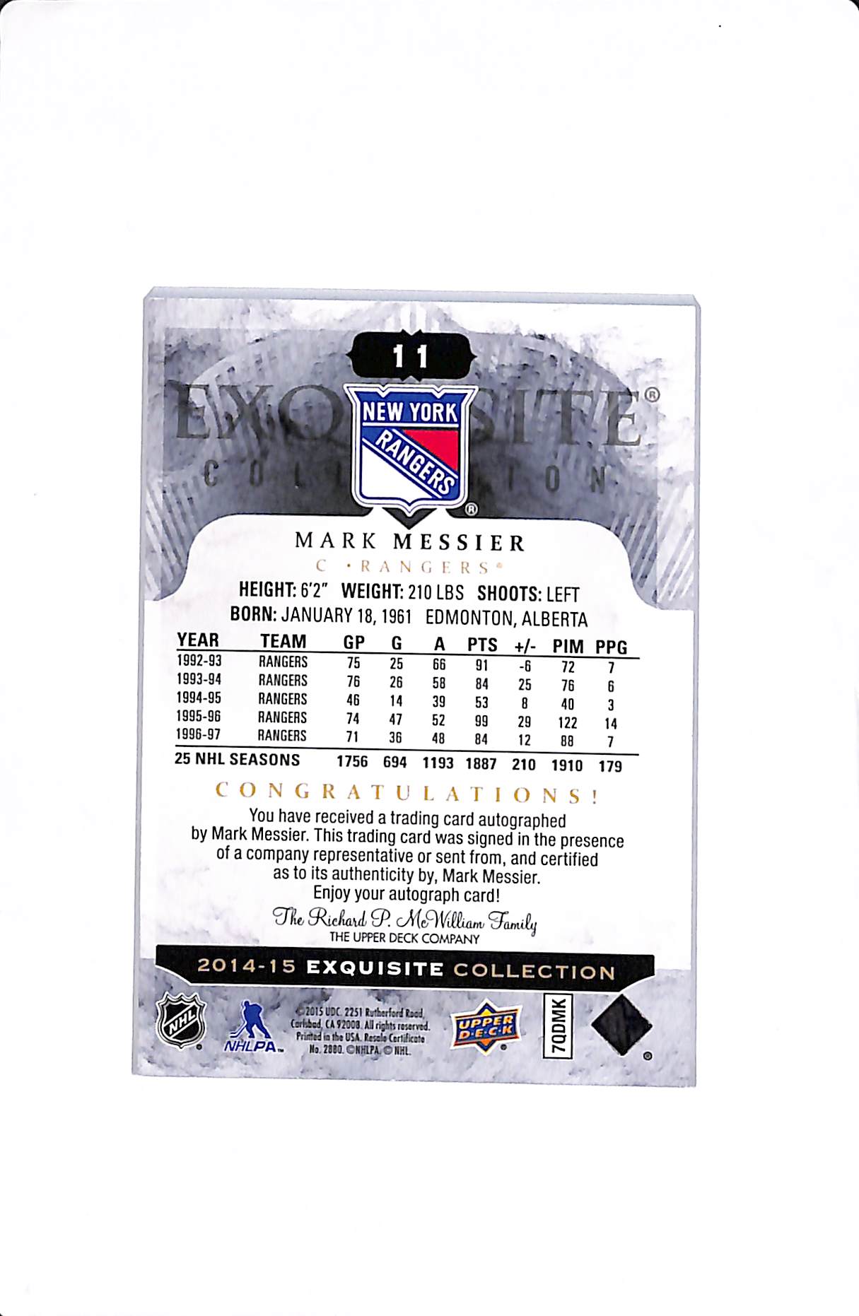 2014-15 UPPER DECK EXQUISITE COLLECTION MARK MESSIER AUTO /25 #11