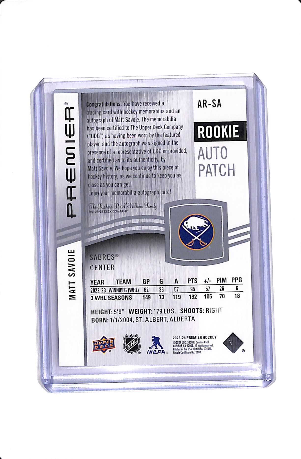 2023-24 UPPER DECK PREMIER ROOKIE AUTO PATCH /249 #AR-SA