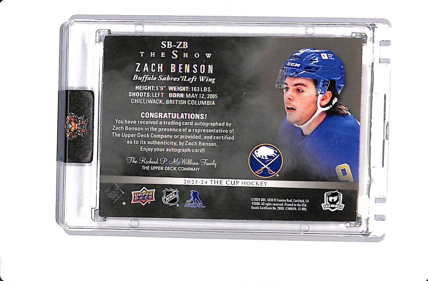 2023-24 UPPER DECK THE CUP ZACH BENSON THE SHOW AUTO BLACK SB-ZB