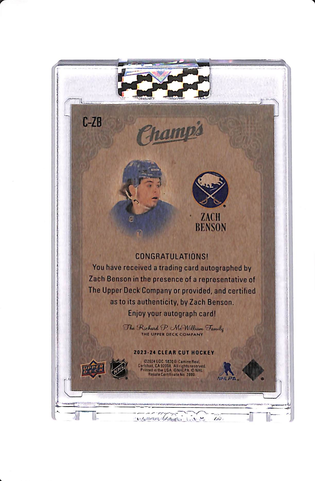 2023-24 UPPER DECK CLEAR CUT ZACH BENSON CHAMP'S ROOKIE AUTO #C-ZB