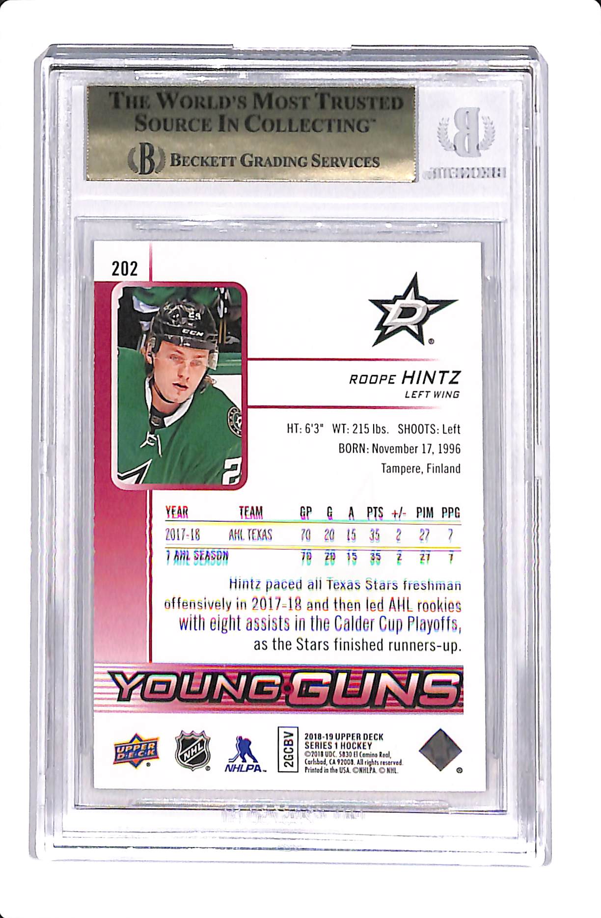 2018-19 UPPER DECK SERIES 1 ROOPE HINTZ YOUNG GUNS EXCLUSIVES /100 #202 BGS 9.5