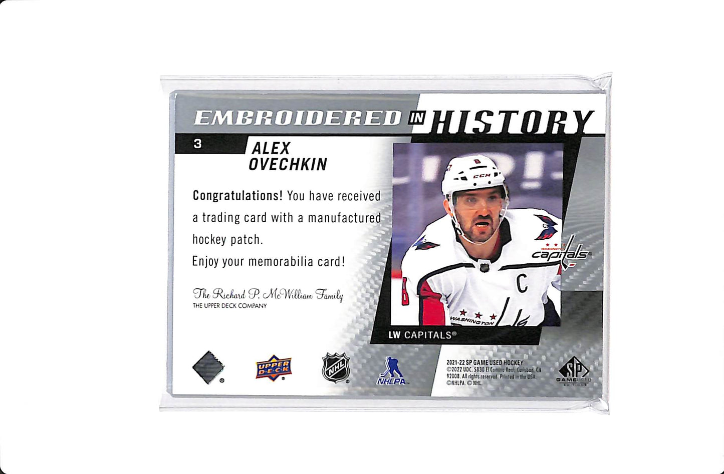 2021-22 UPPER DECK SP GAME USED ALEX OVECHKIN EMBROIDERED IN HISTORY PATCH #3