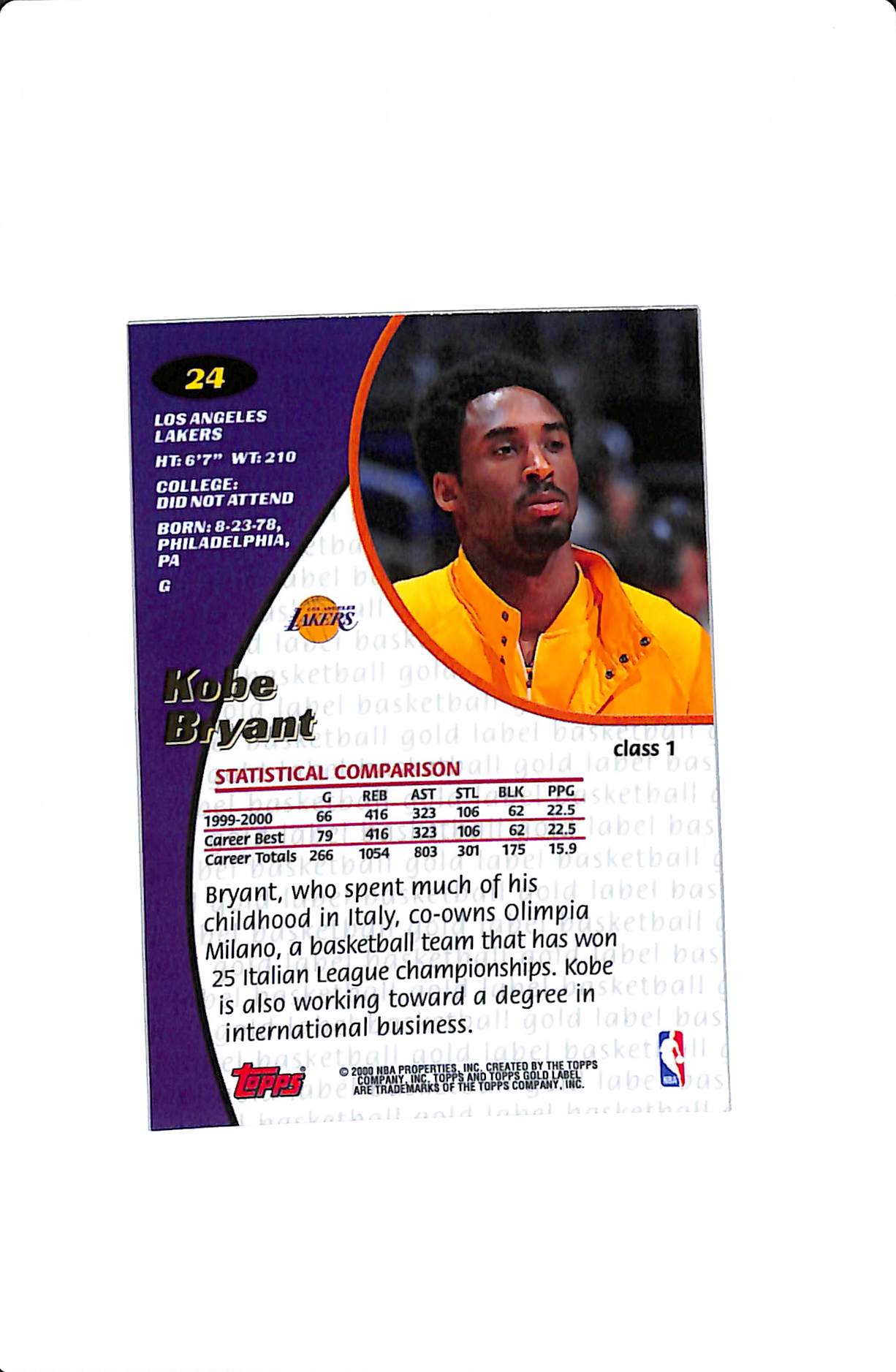 2000-01 TOPPS GOLD LABEL KOBE BRYANT #24 CLASS 1