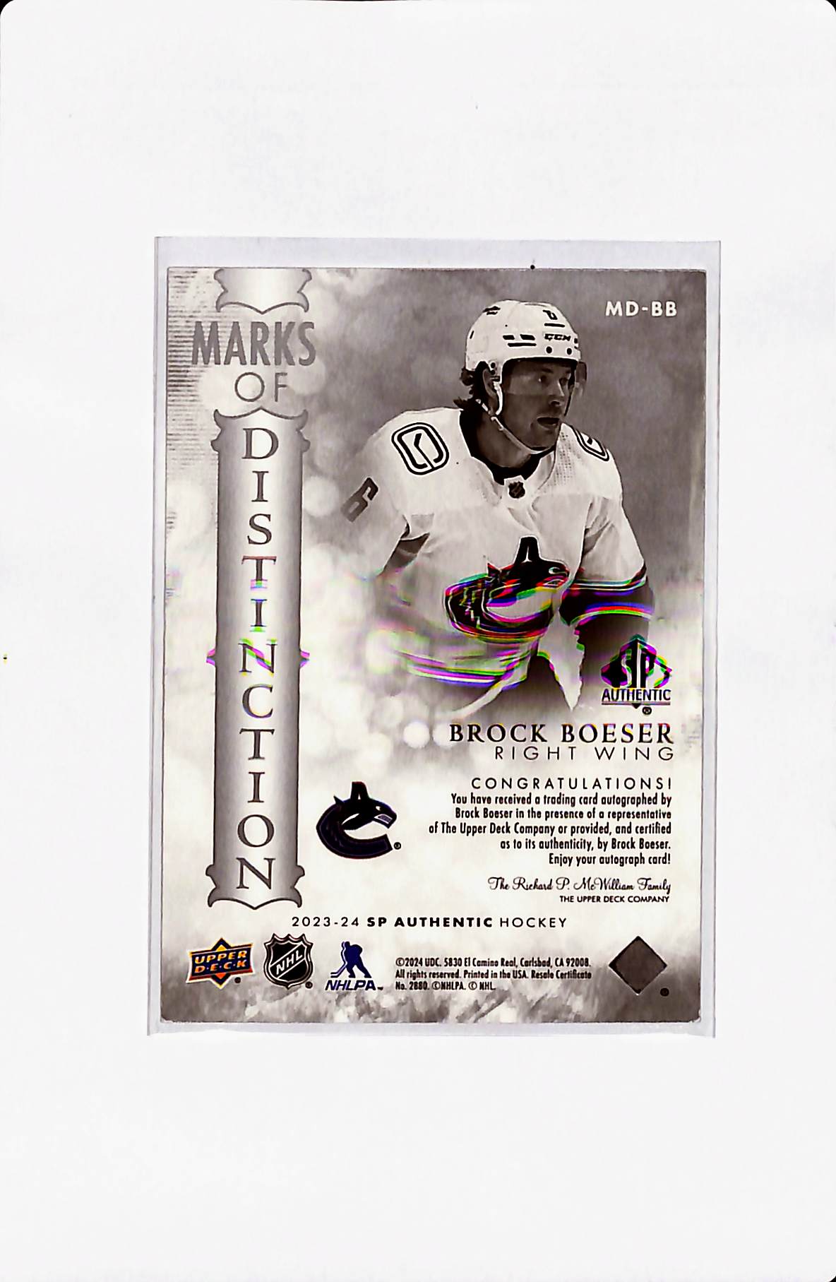 2023/24 UPPER DECK SP AUTHETIC BROCK BOESER MARKS OF DISTINCTION AUTOGRAPH 14/25