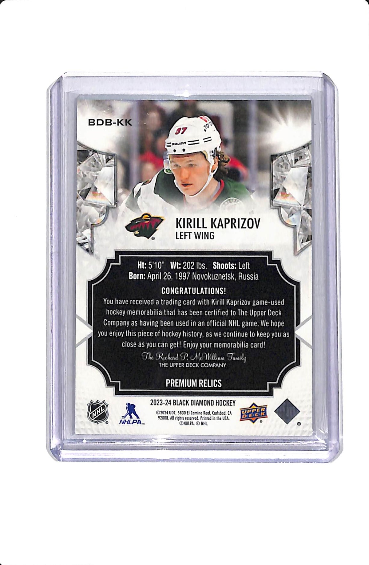 2023-24 UPPER DECK BLACK DIAMOND KIRILL KAPRIZOV PREMIUM RELICS /5 #BDB-KK