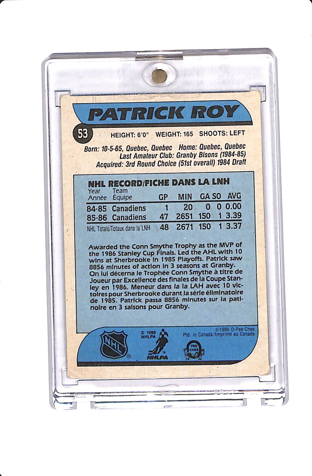 1986-87 UPPER DECK O-PEE-CHEE PATRICK ROY ROOKIE #53