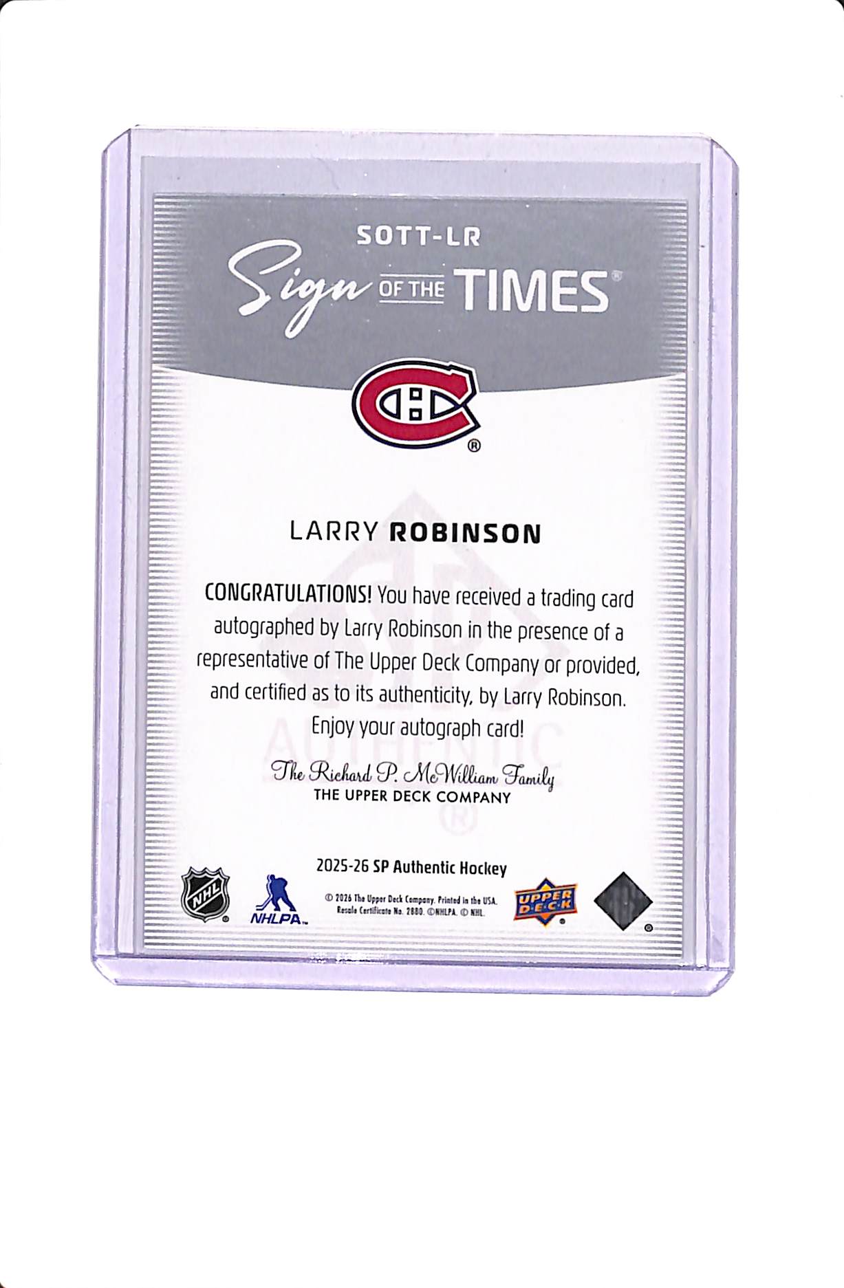 2025-26 UPPER DECK SP AUTHENTIC LARRY ROBINSON SIGN OF THE TIMES AUTO #SOTT-LR