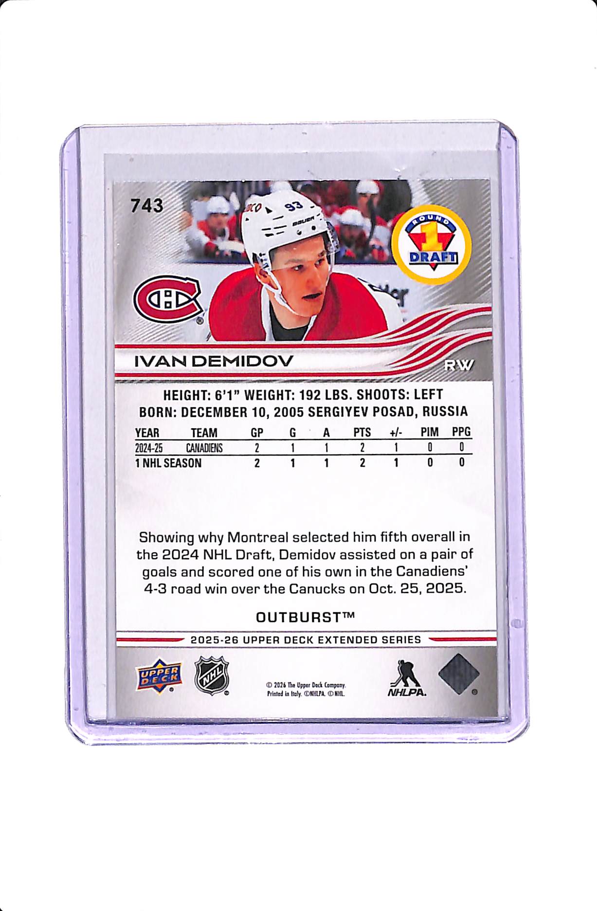 2025-26 UPPER DECK IVAN DEMIDOV FIRST ROUND DRAFT SILVER OUTBURST #743