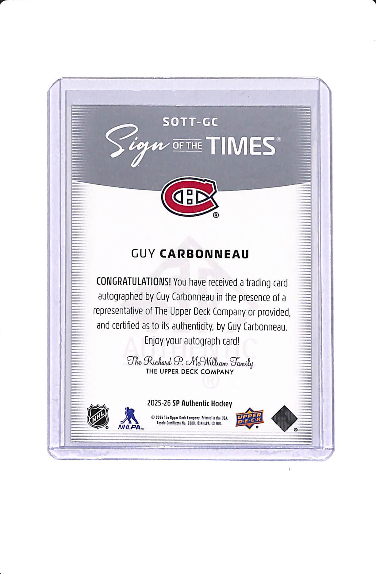 2025-26 UPPER DECK SP AUTHENTIC GUY CARBONNEAU SIGN OF THE TIMES AUTO #SOTT-GC