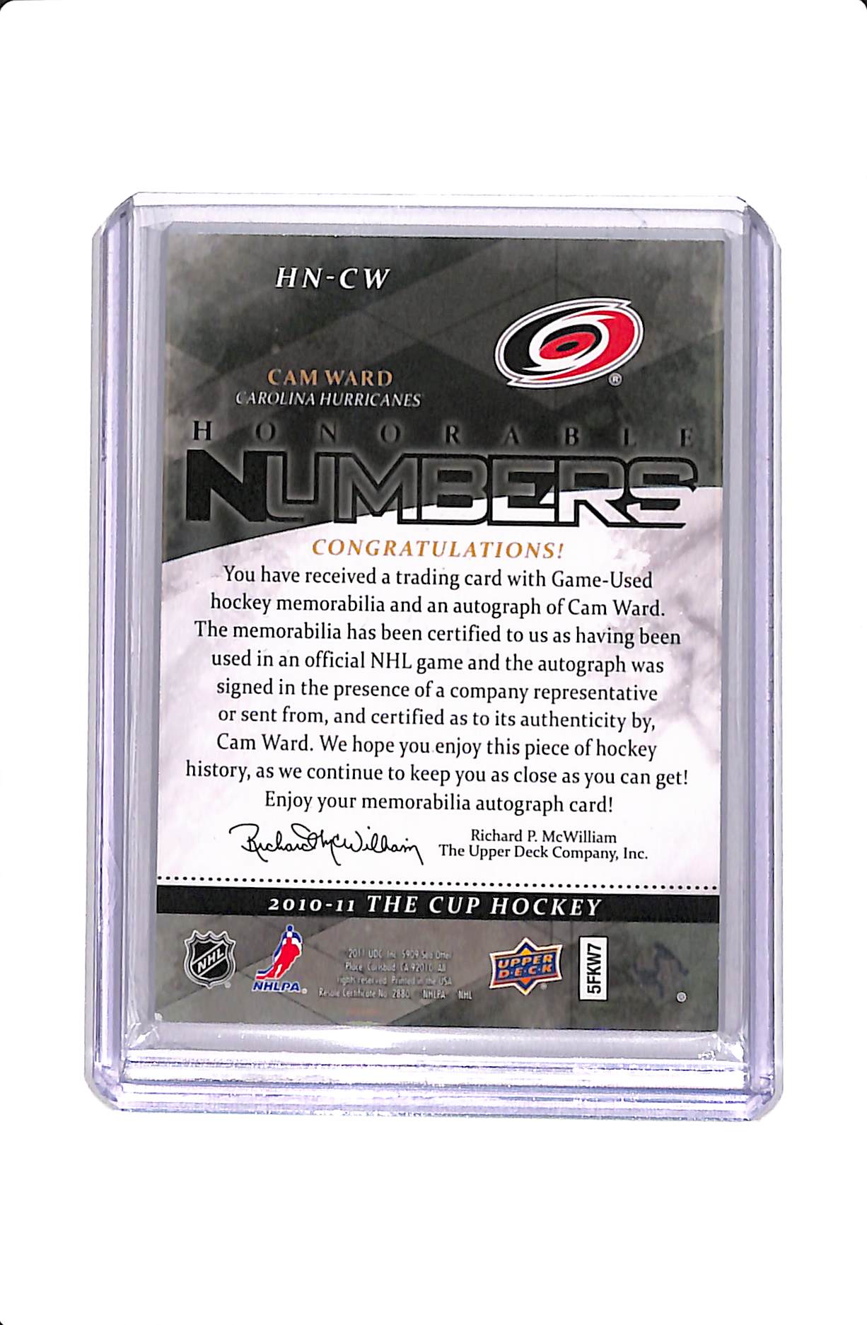 2010-11 UPPER DECK THE CUP CAM WARD HONORABLE NUMBERS PATCH AUTO /30 #HN-CW